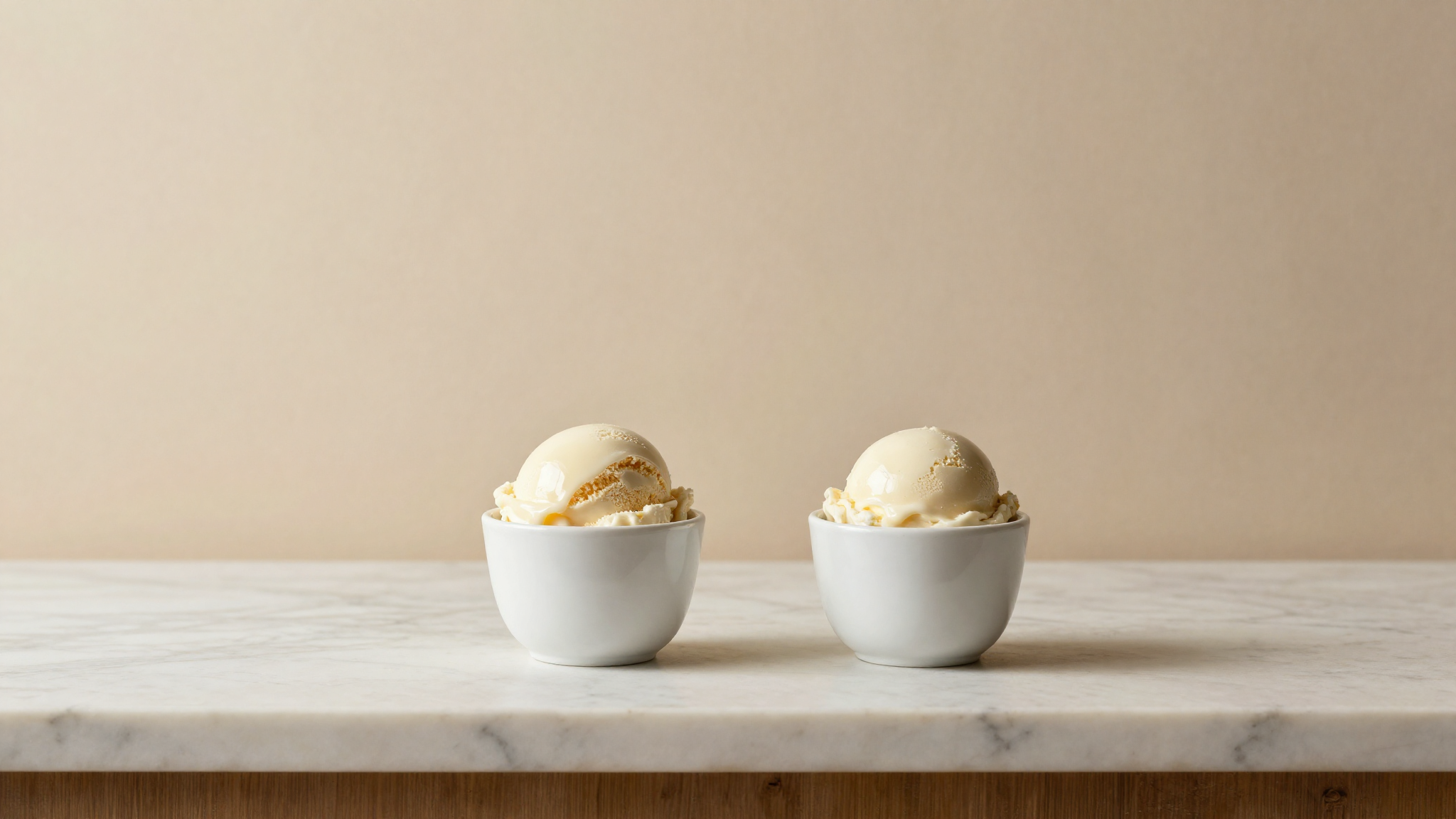 Two white ceramic cups side by side each holding a single glossy scoop of pale gelato