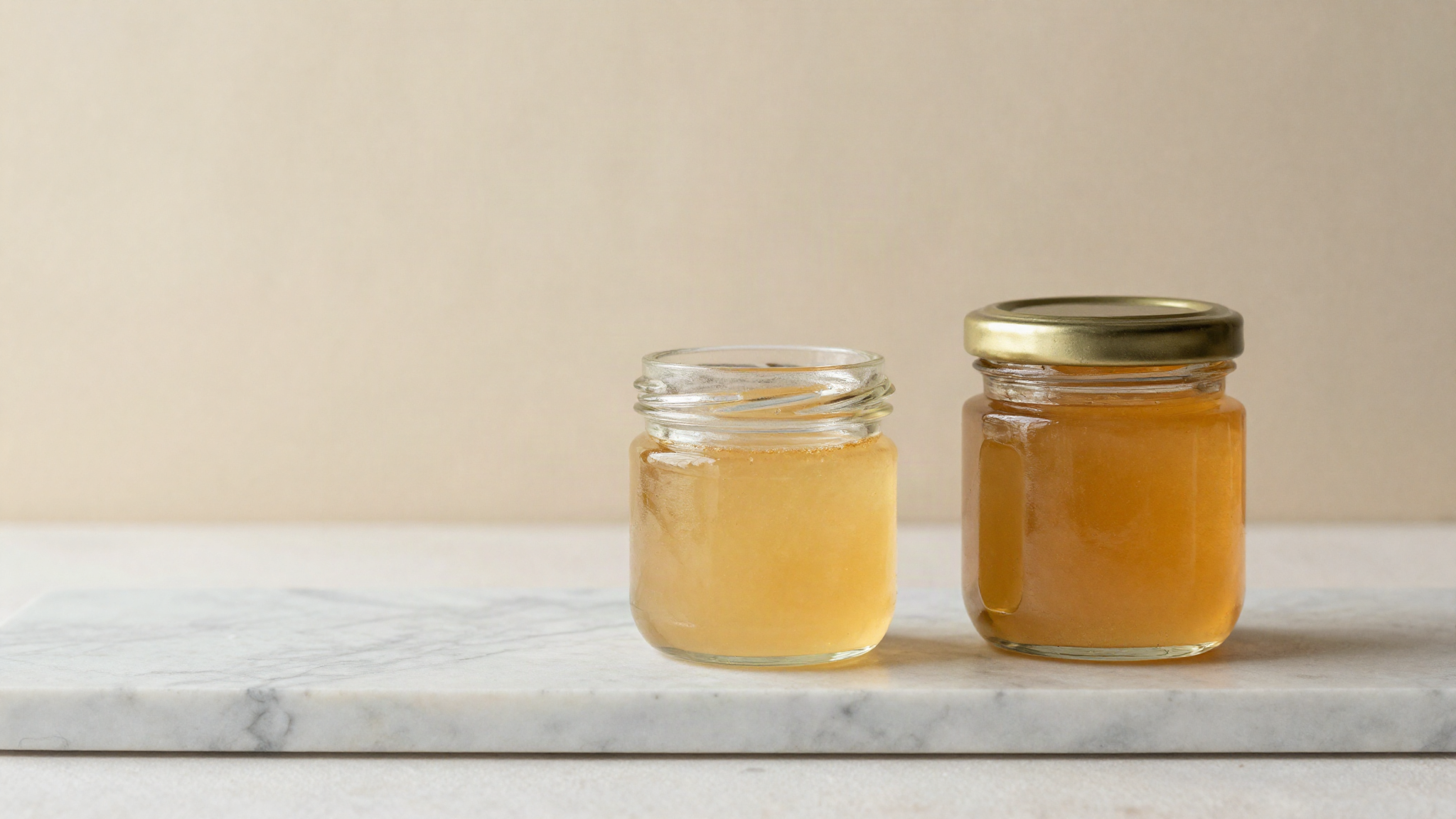 A small glass jar of pale invert sugar syrup beside a jar of golden wildflower honey on a marble surface