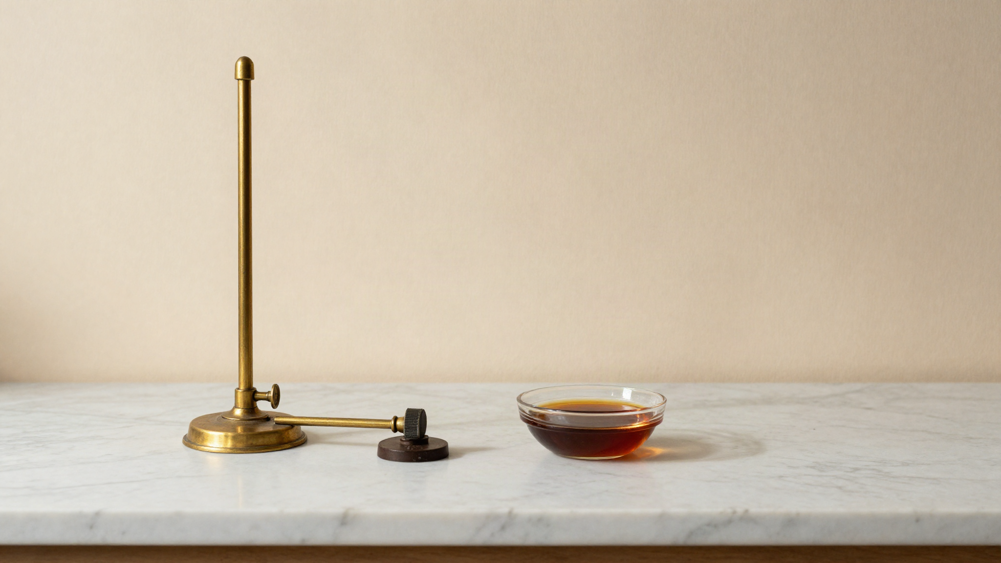 A brass refractometer and a small glass dish of dark chestnut honey on a marble lab counter