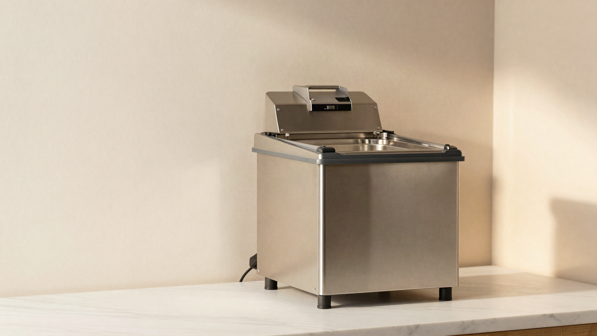 Polished stainless steel countertop gelato batch freezer in a clean Italian gelato lab, lit from the side