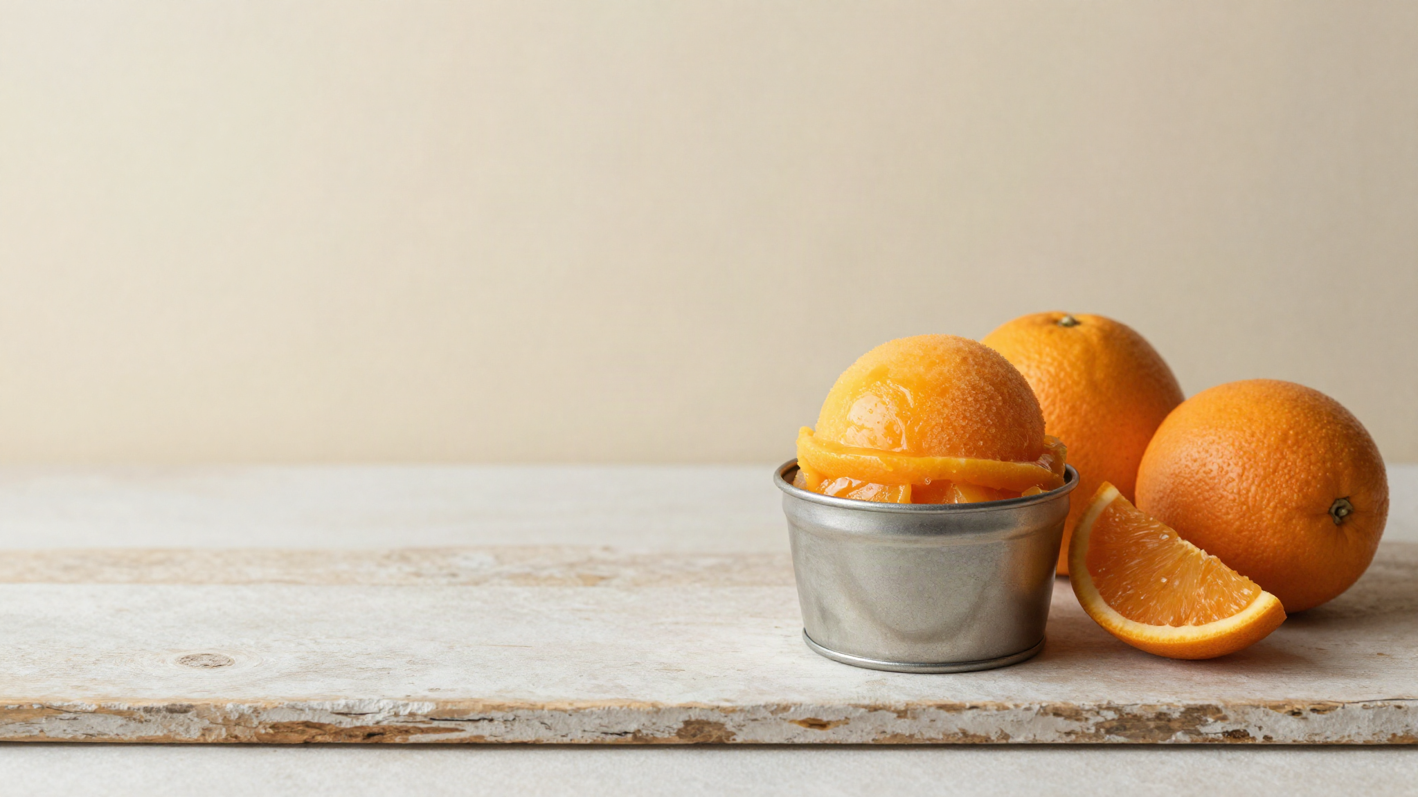 Bright orange sorbetto scoop in a chilled steel tin beside fresh whole oranges on aged wood