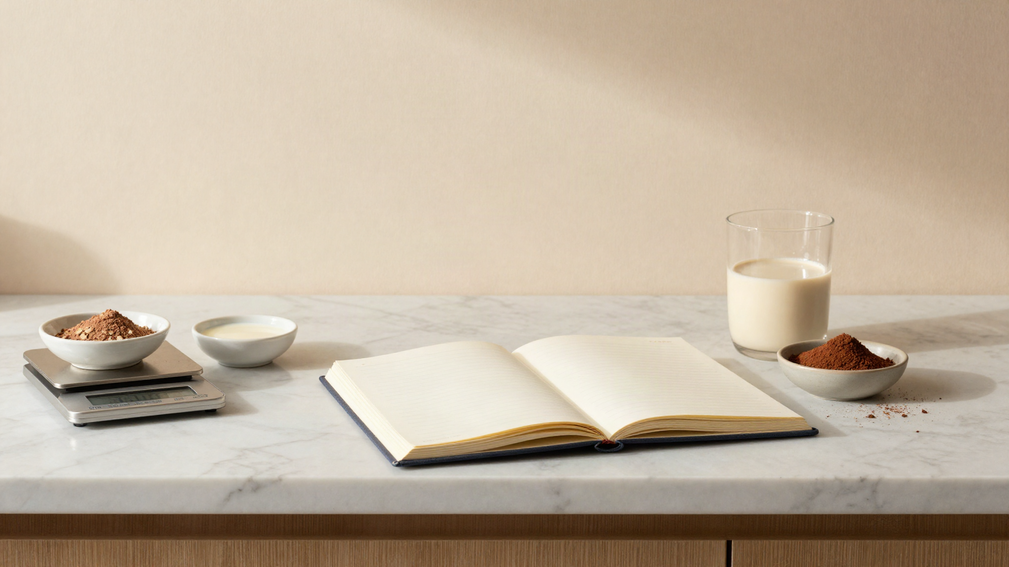 A marble counter seen from above with an open notebook, a small digital scale and ceramic dishes of oat milk, almond milk and cocoa powder