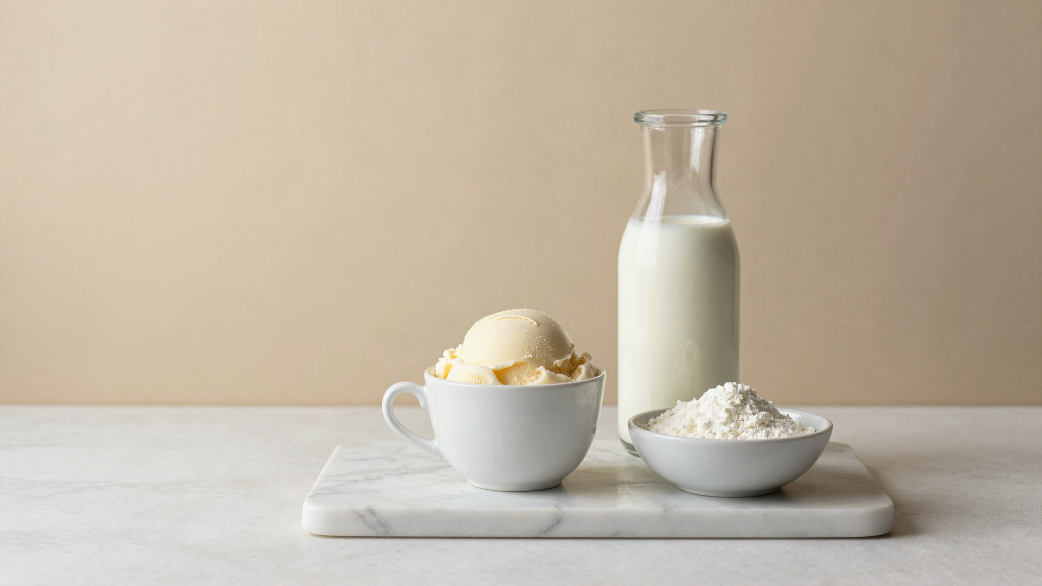 A small white ceramic cup of pale fior di latte gelato beside a glass carafe of whole milk and a shallow bowl of skim milk powder on white marble