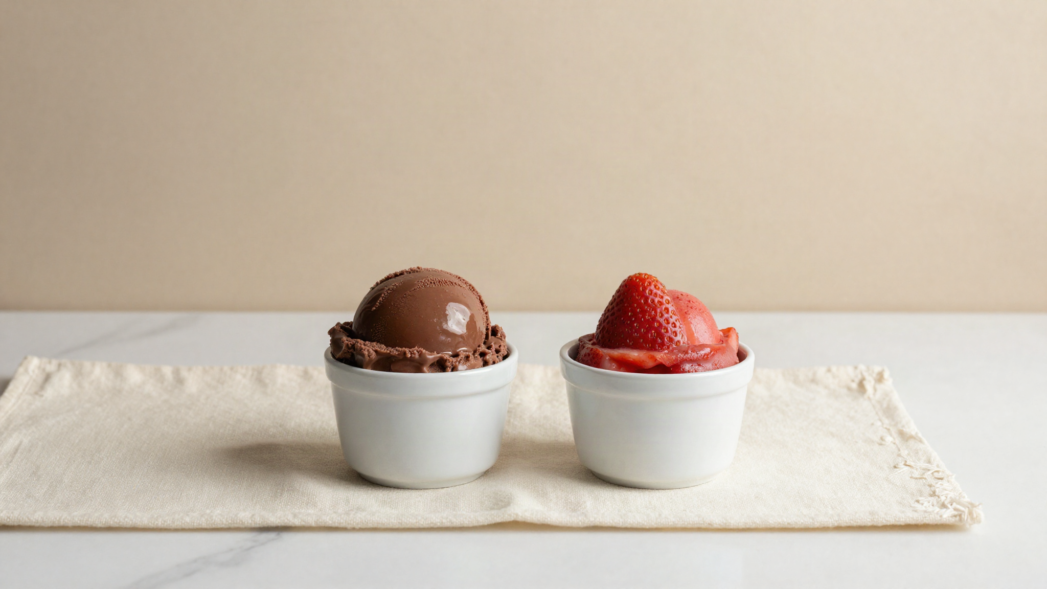 Two small white ceramic cups side by side on cream linen, one holding a scoop of glossy dark chocolate water based gelato and one holding a scoop of bright strawberry sorbetto