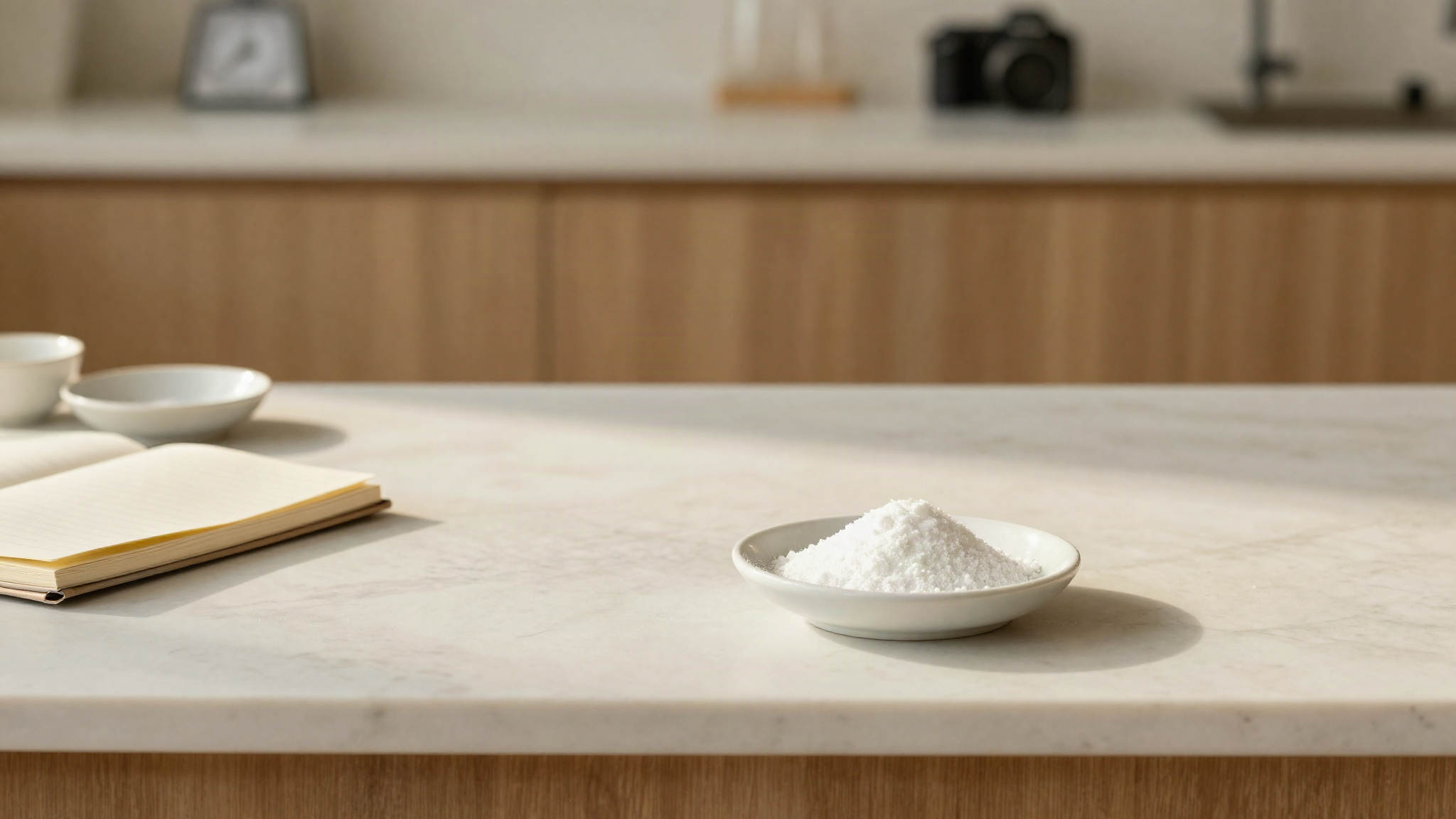 A small white ceramic dish of fine gellan gum powder on a marble counter beside a notebook and a tiny digital scale