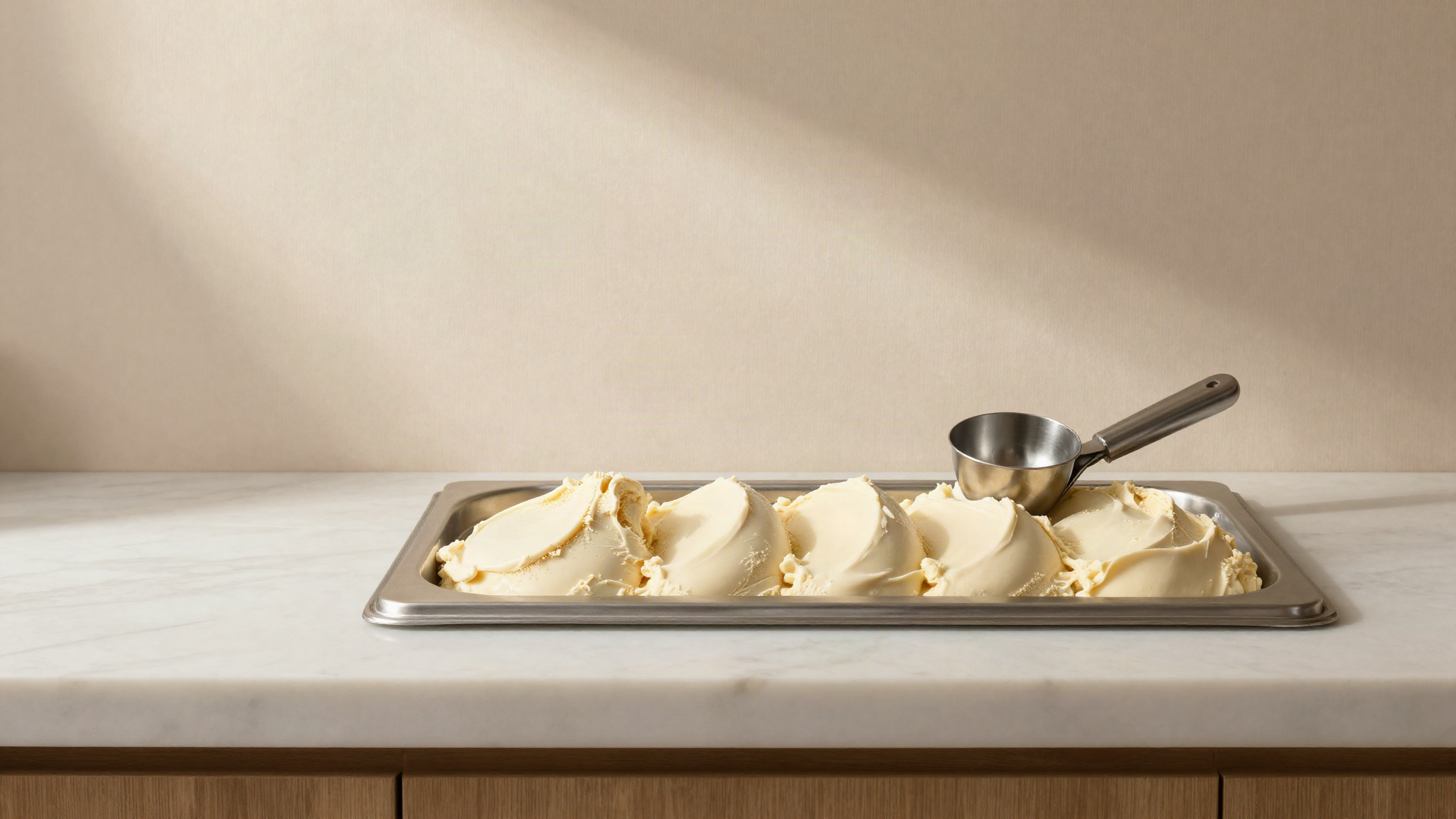 A clean display tray of smooth pale vegan gelato with a small stainless scoop resting on the rim