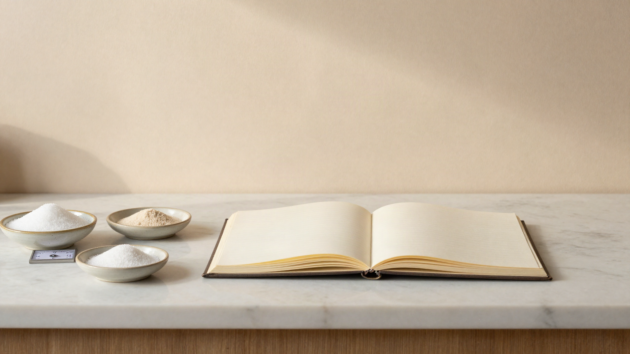 A marble counter seen from above with an open notebook, a tiny scale and small ceramic dishes holding white sugar crystals and pale stabilizer powder
