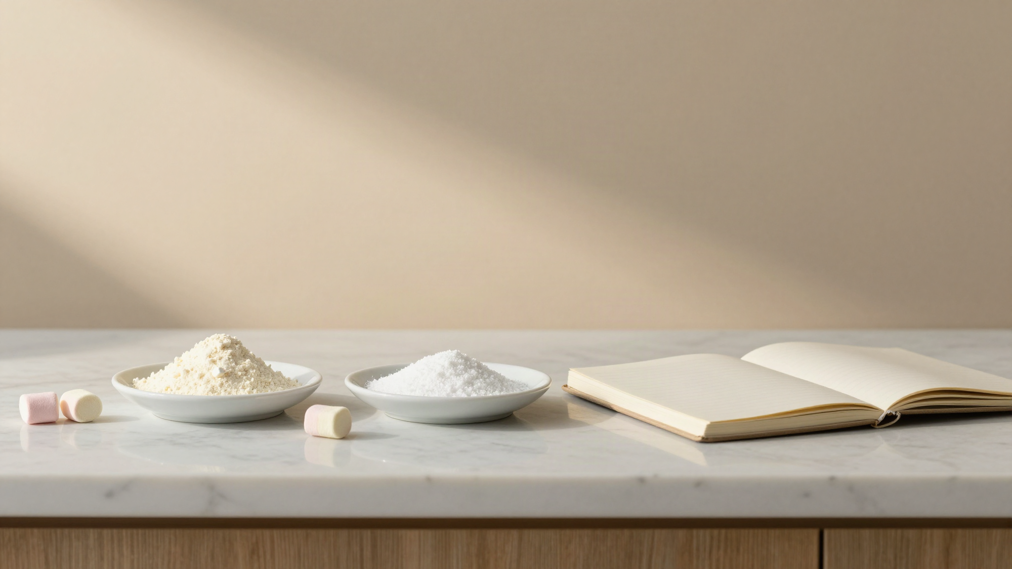 Small white ceramic dishes on a marble counter holding pale stabilizer powder, white dextrose crystals and a few pastel marshmallow pieces set apart, beside an open notebook