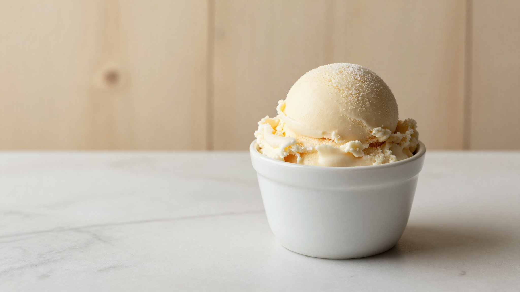 A single dense scoop of pale reduced-sugar gelato in a white cup