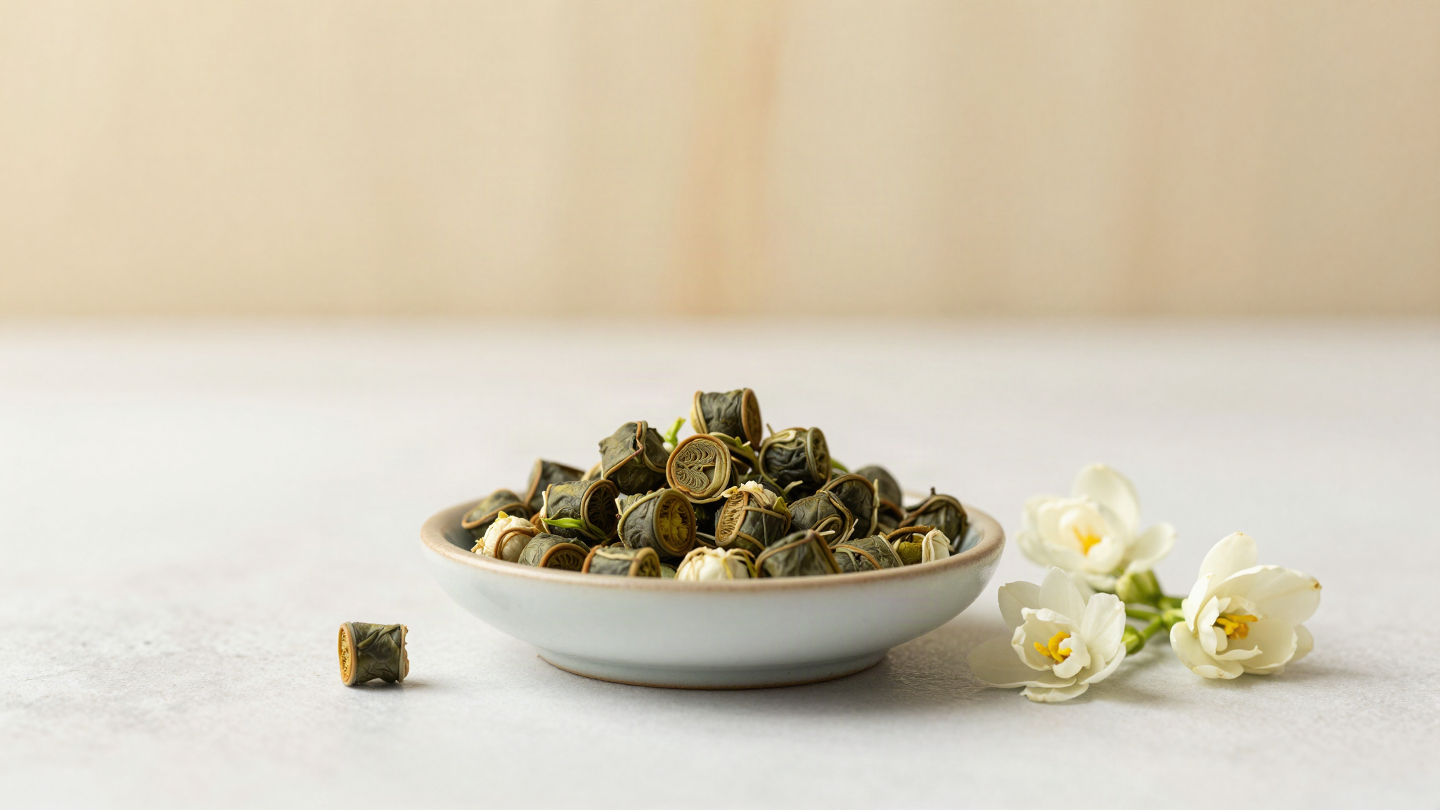 Loose rolled jasmine green tea pearls in a small ceramic dish beside fresh white jasmine blossoms on white marble