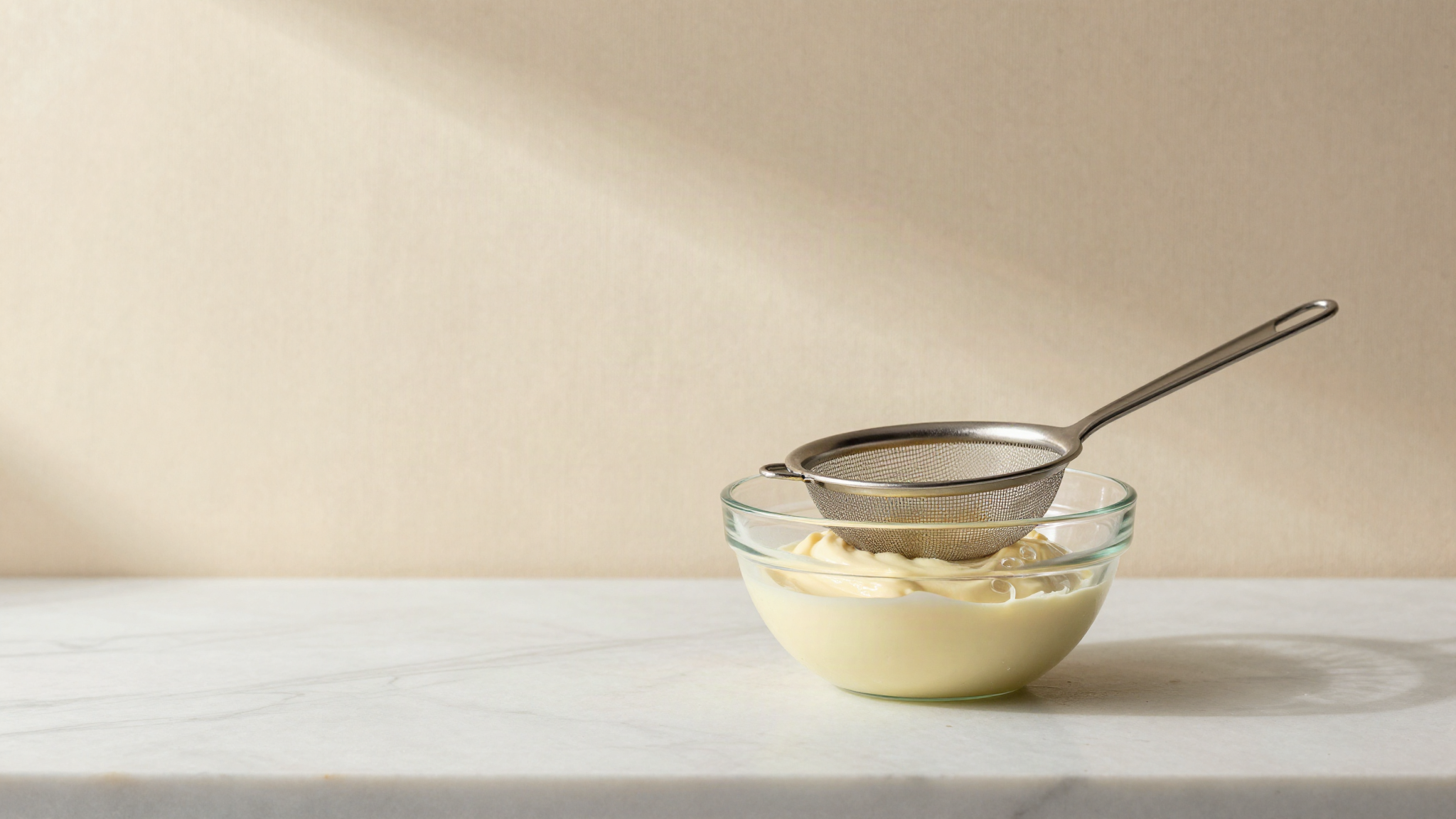 A fine mesh strainer set over a glass bowl straining a pale infused gelato base on an italian lab counter