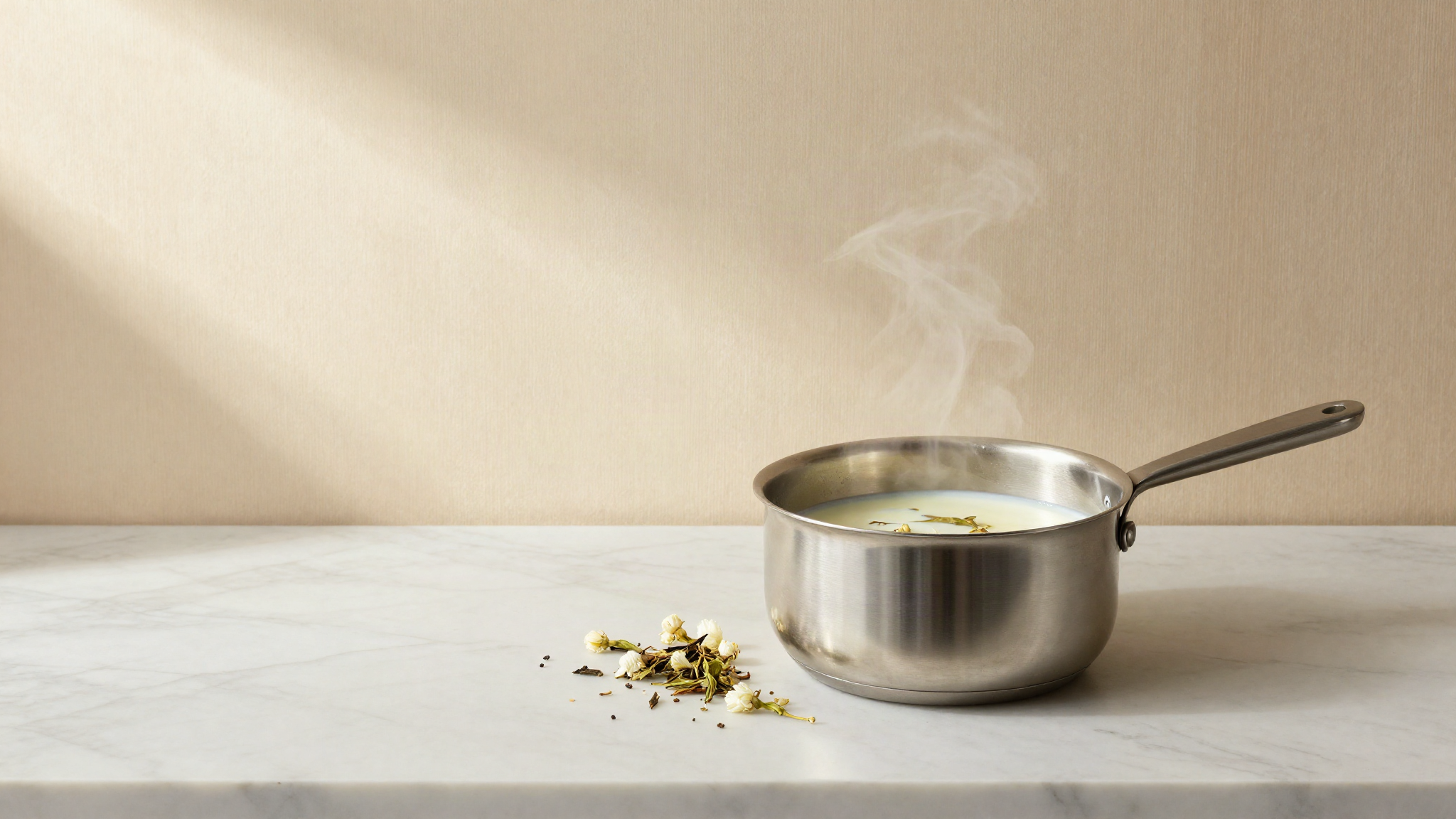 A stainless steel saucepan of warm milk gently steaming on a marble counter with loose jasmine tea leaves steeping in the dairy