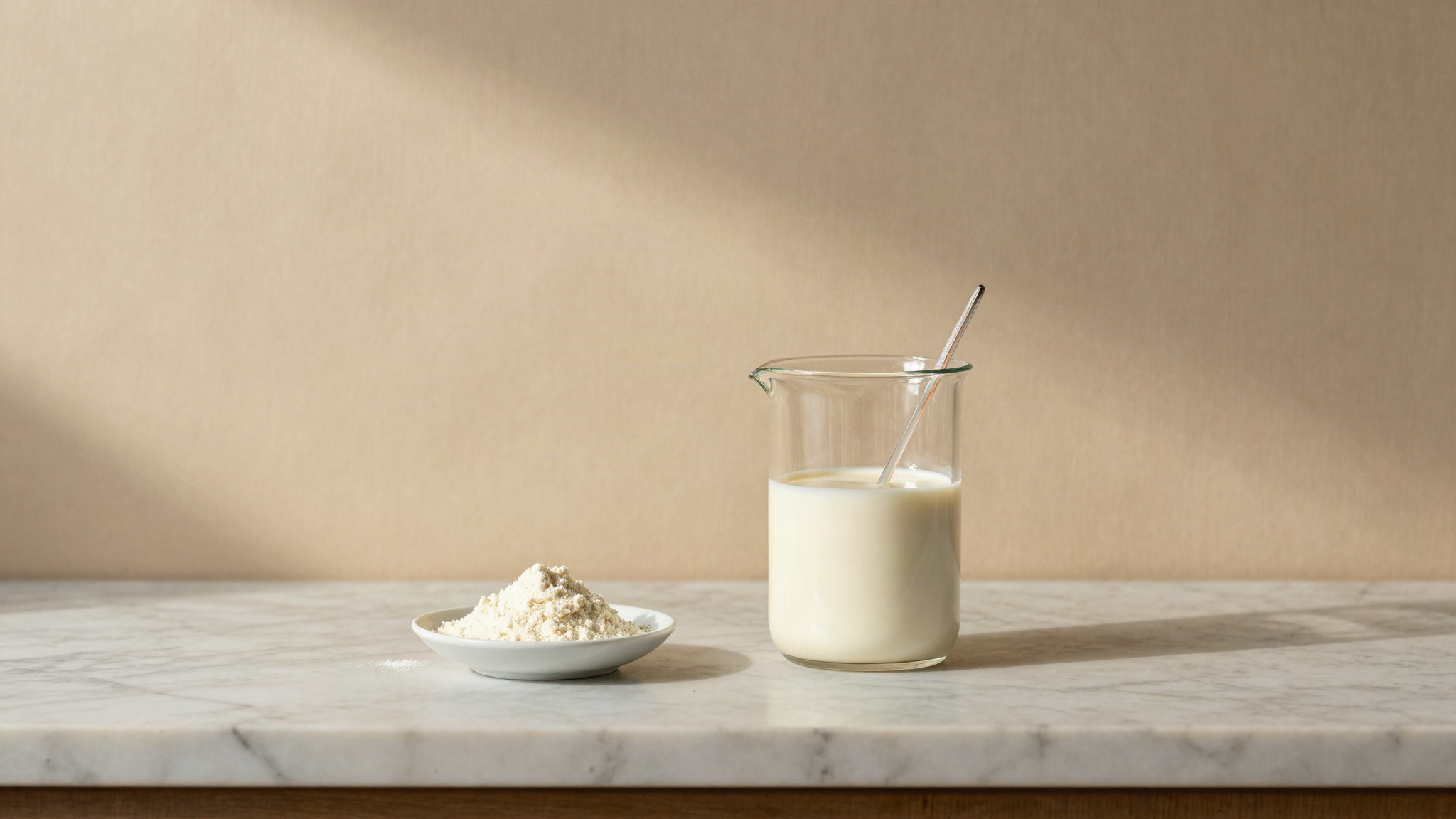A clear glass beaker of warm milk beside a dish of pale powder and a thermometer on a marble counter