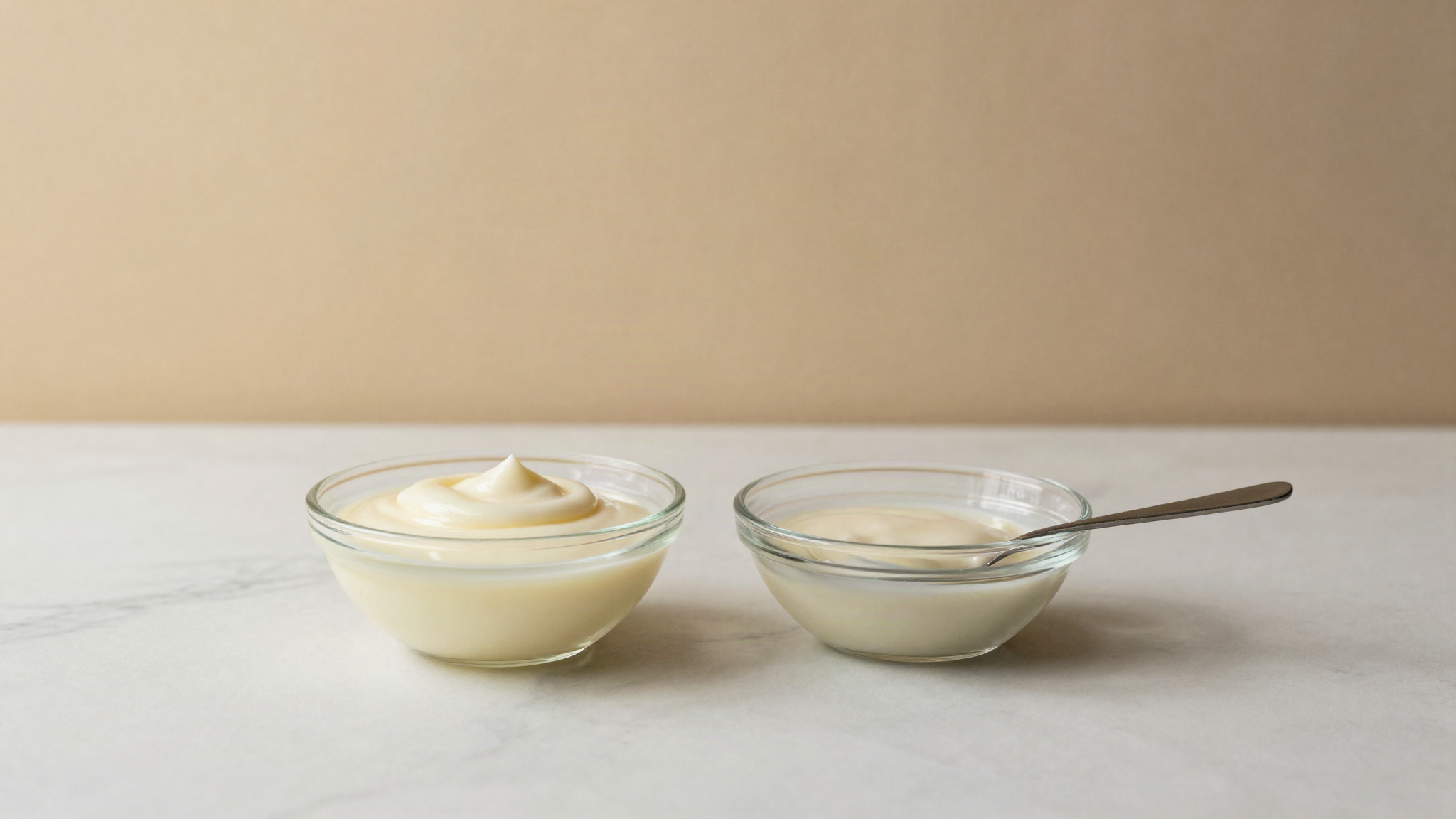 A firm pale set milk gel in a small glass dish with a spoon showing a clean cut edge