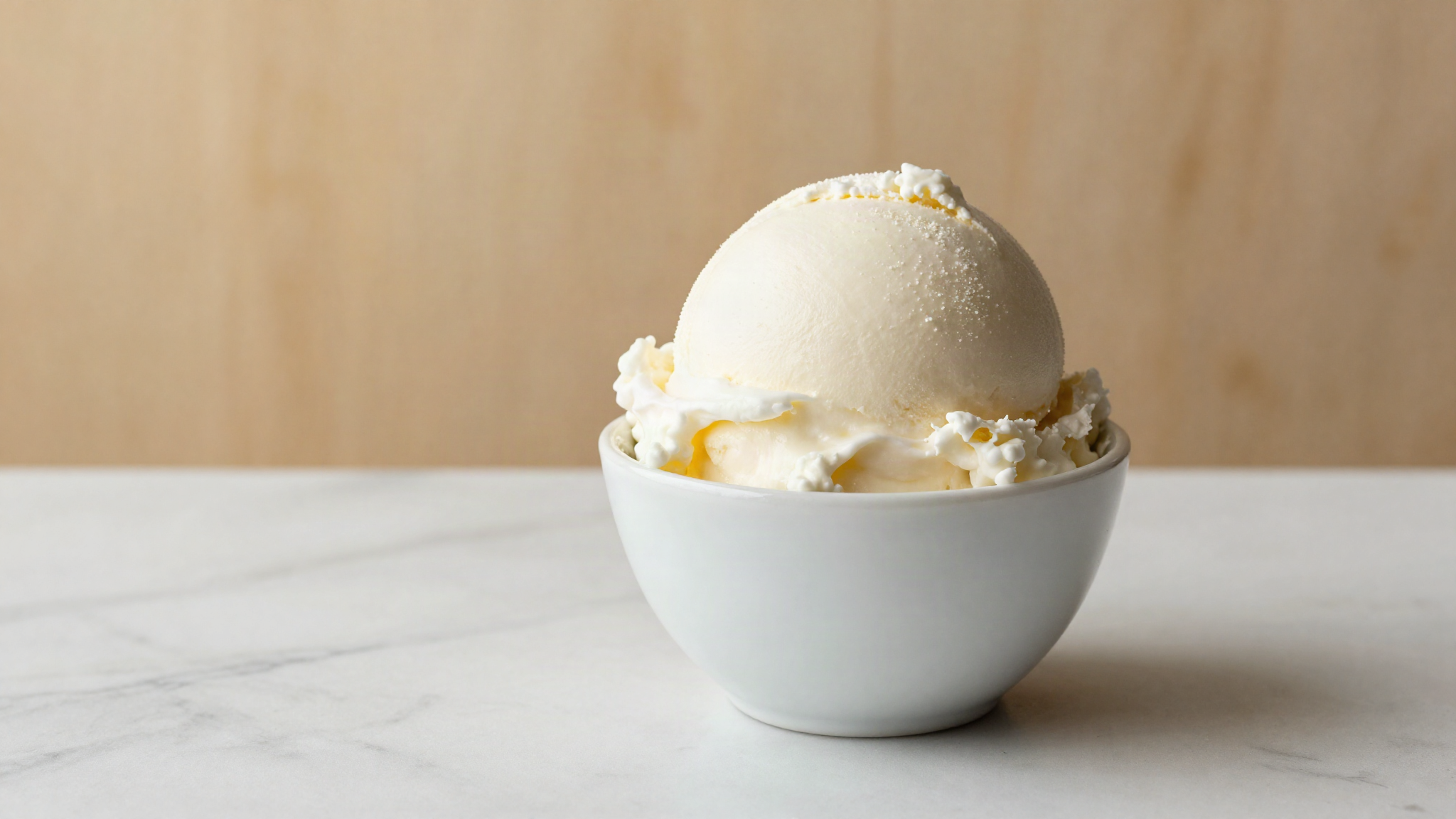 A clean rounded scoop of white fior di latte gelato in a small ceramic cup on marble
