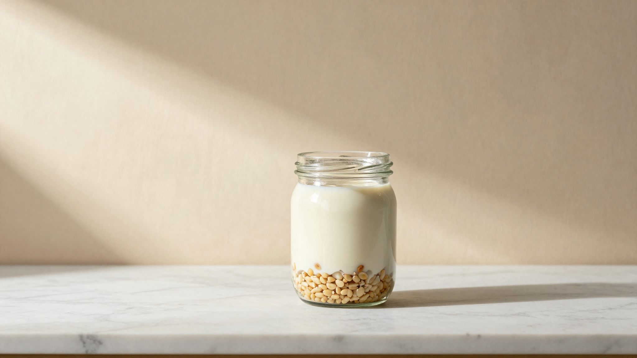 A glass jar of fresh kefir with grains on white marble