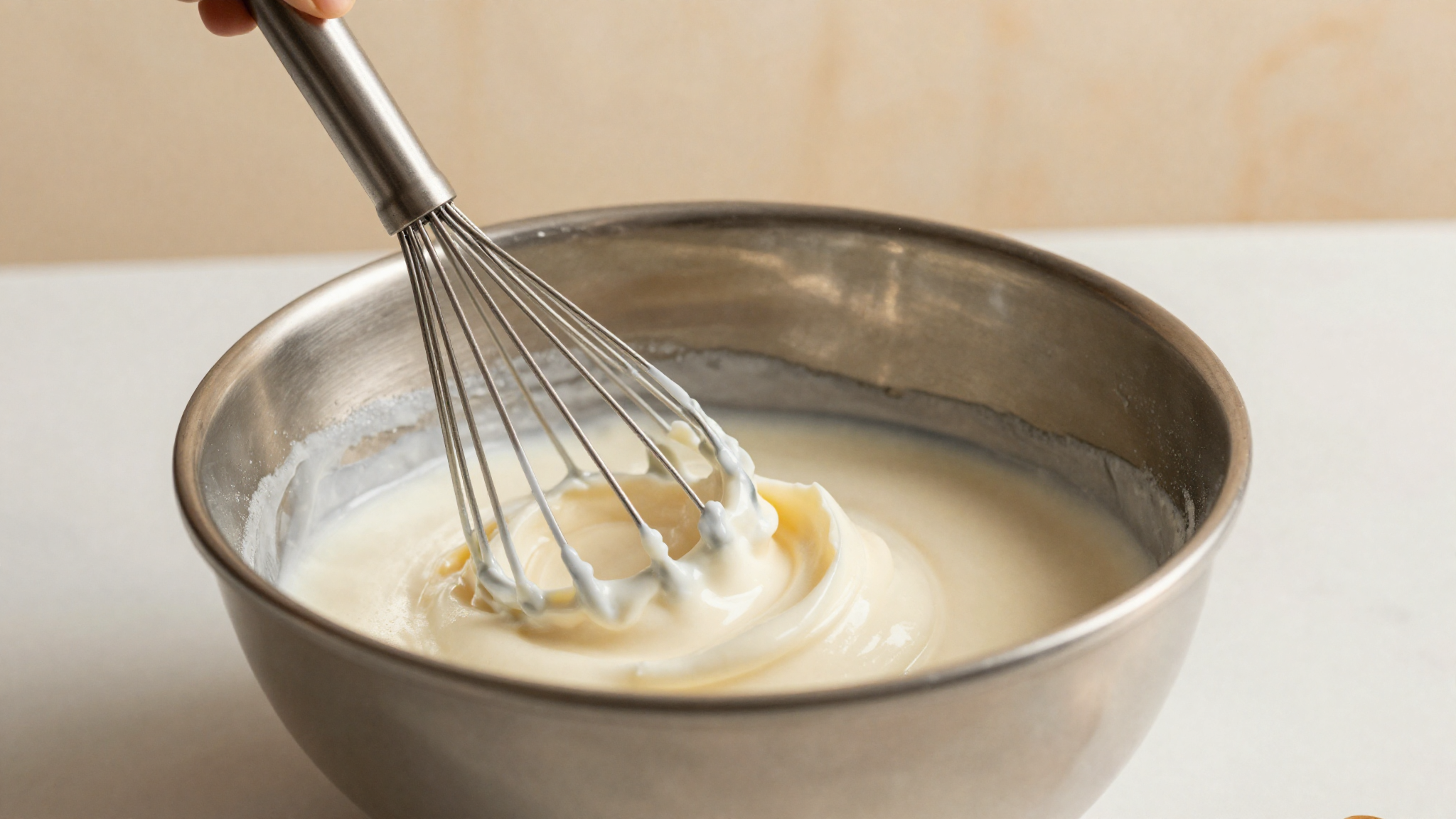 Kefir whisked with sugar and cream in a stainless bowl