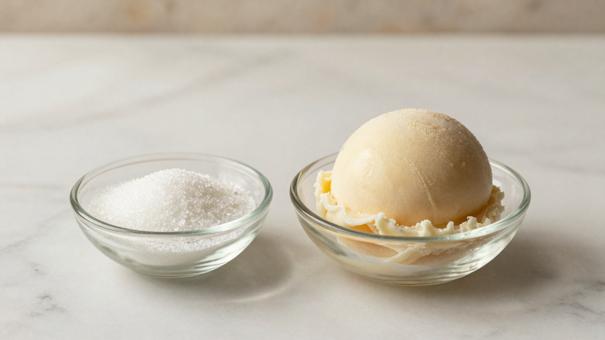 Small clear dish of white allulose crystals beside a scoop of pale keto gelato on marble
