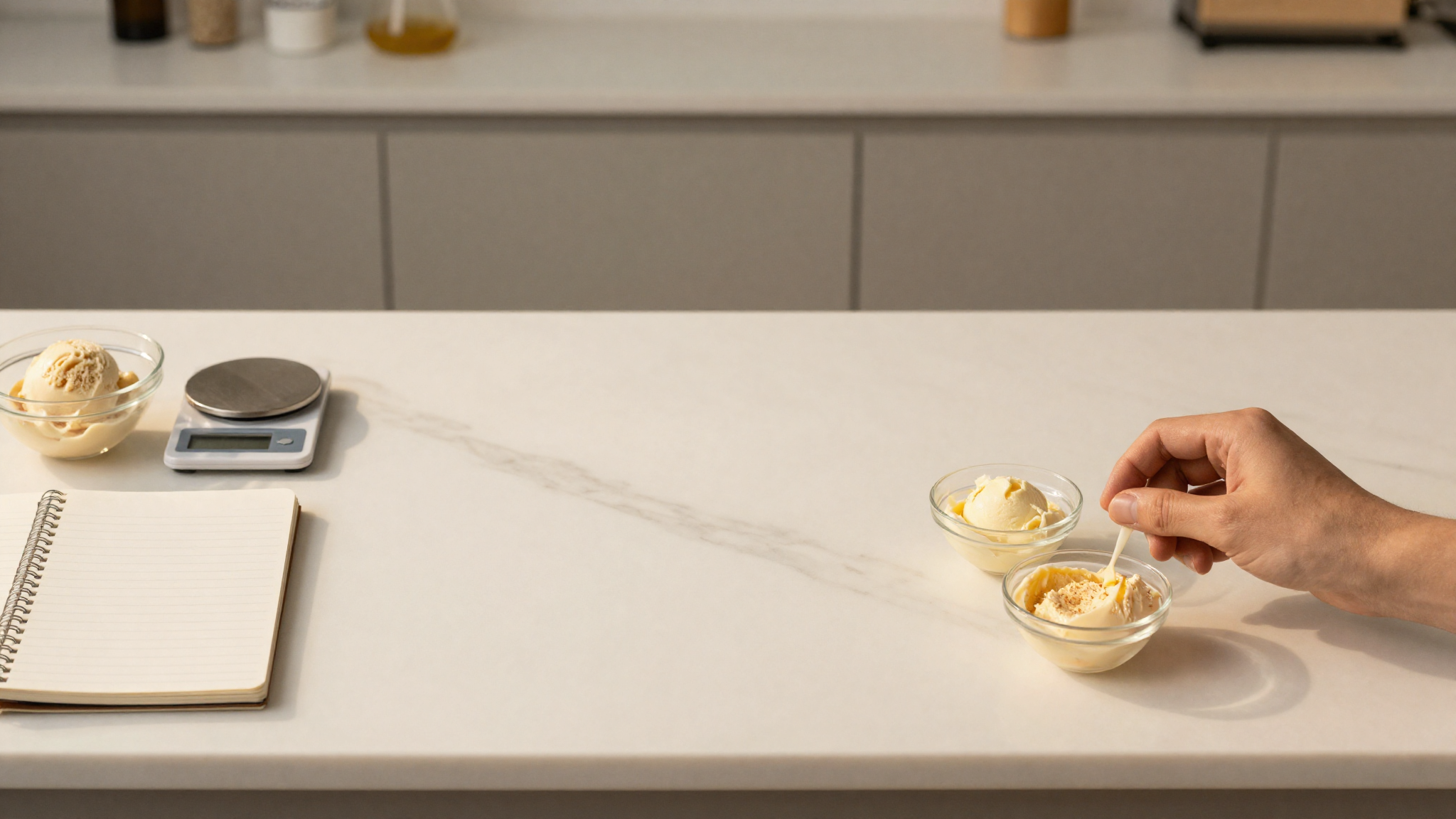 Marble counter with notebook, small scale and bowls of keto gelato ingredients in soft side light