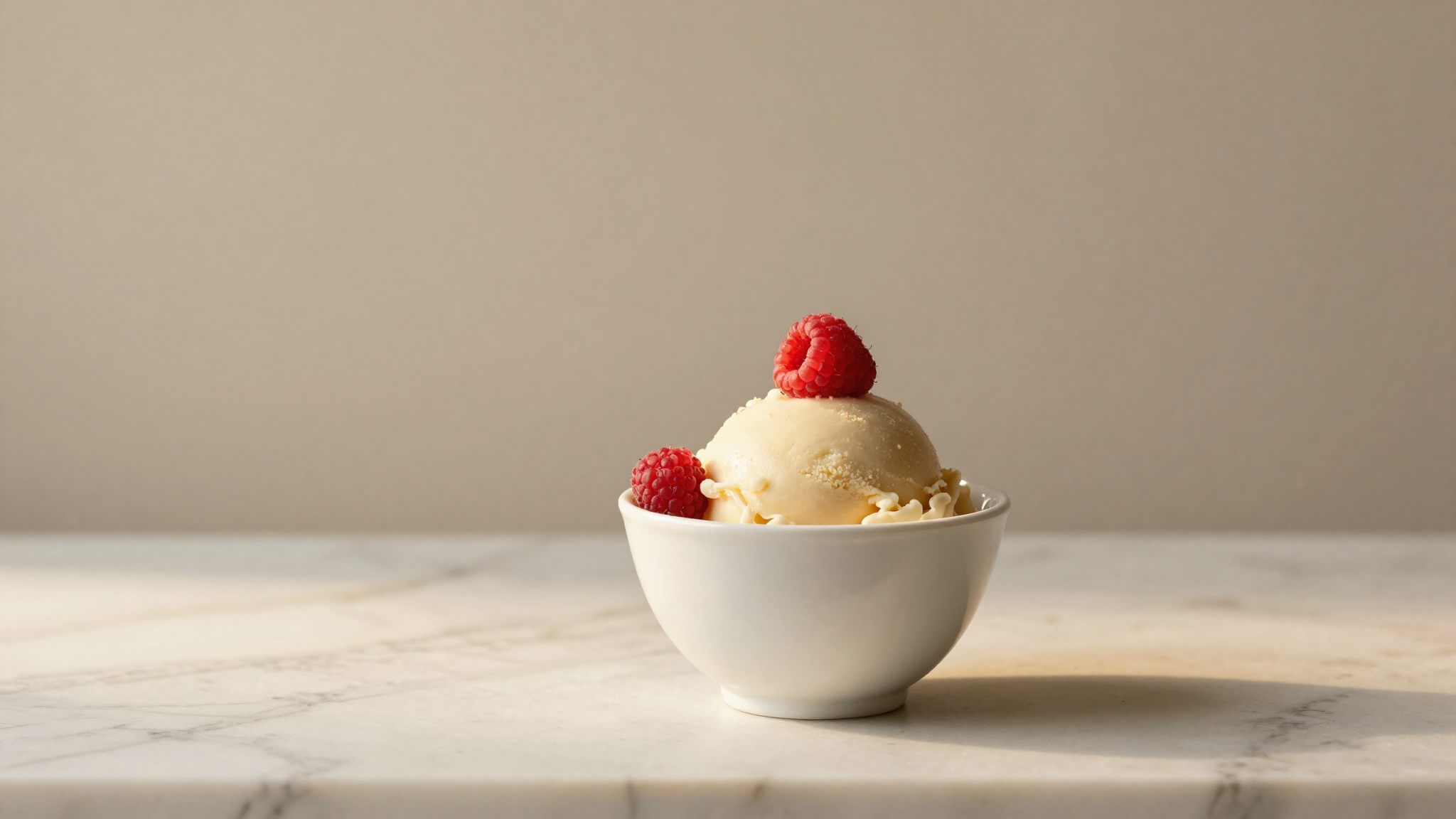 Finished keto gelato quenelle in a refined white cup garnished with a single raspberry