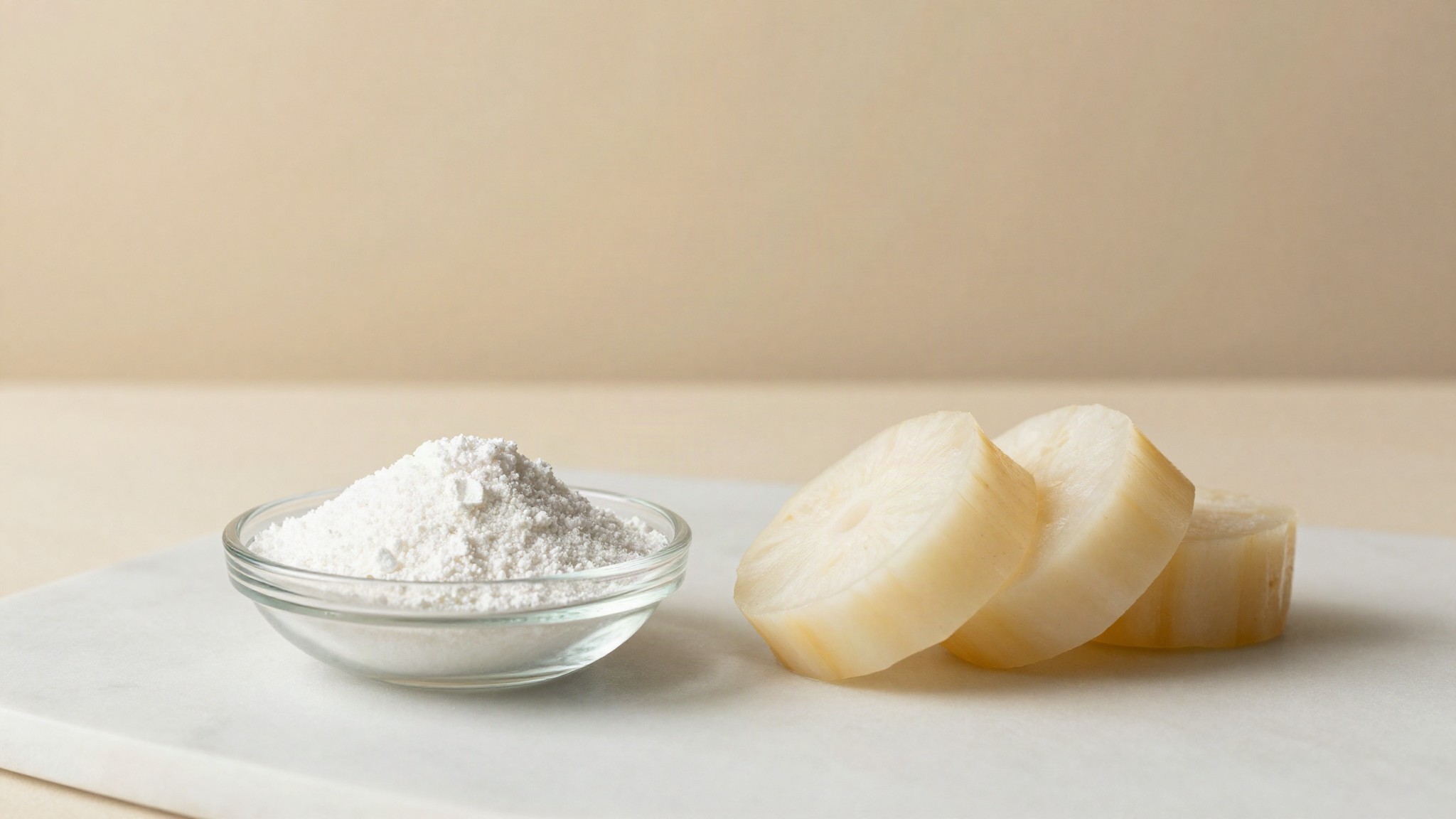 Fine white konjac gum powder in a small glass dish beside a sliced konjac corm on marble