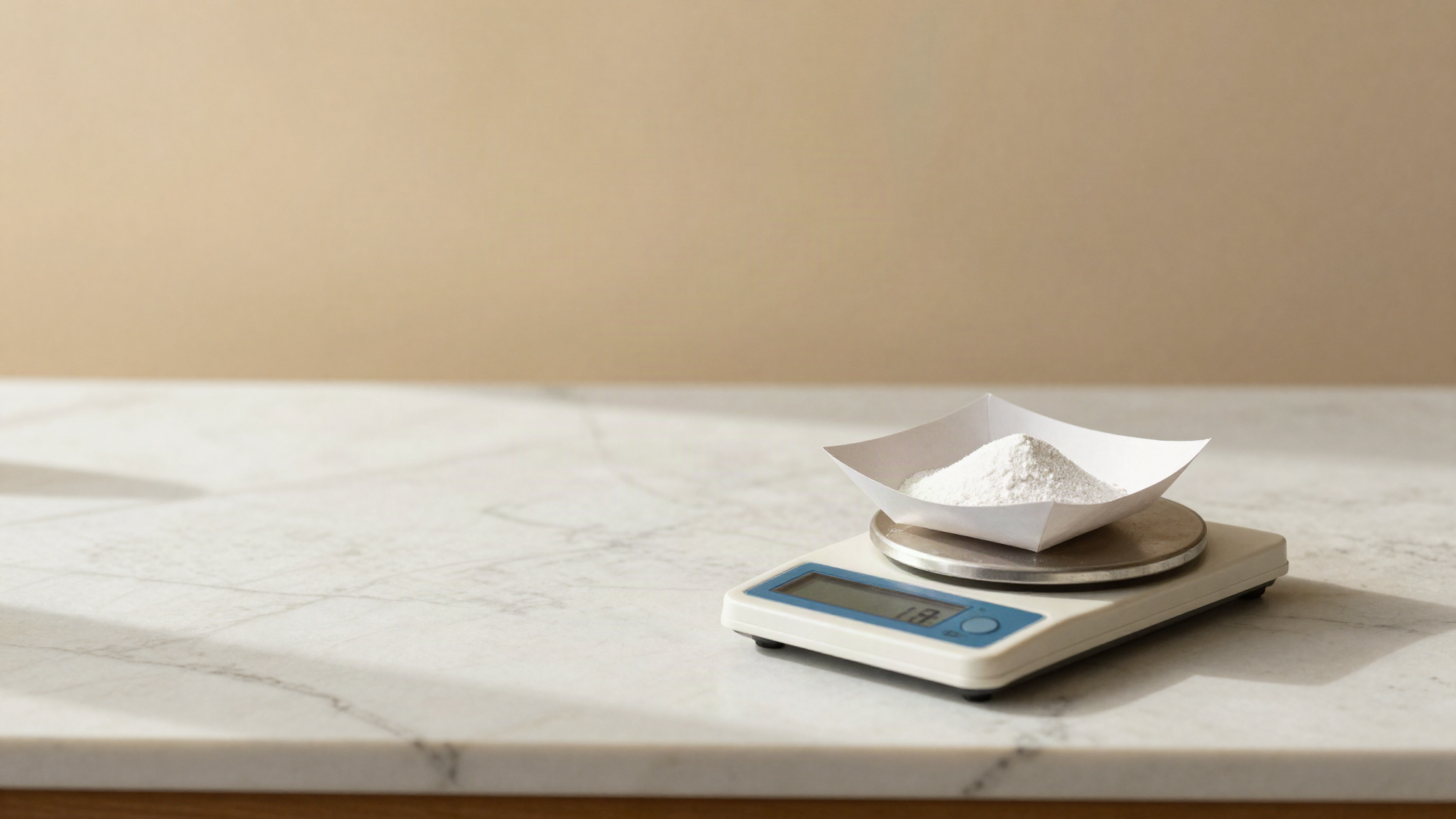 A precision digital scale holding a fraction of a gram of white stabiliser powder in a weighing boat