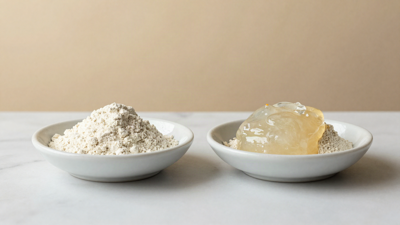 Two small white dishes of fine off-white gum powder beside a glossy translucent gel on a marble surface