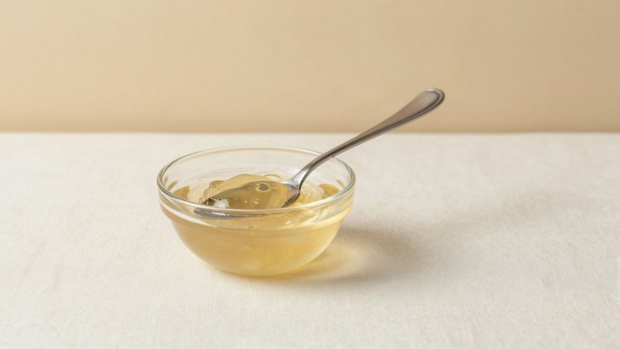 A small glass bowl of thick translucent gel with a silver spoon resting in it on pale linen