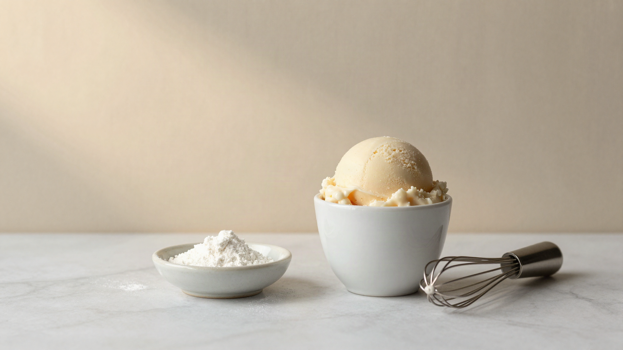 A scoop of smooth pale plant-based gelato in a white ceramic cup beside a small dish of fine white powder and a whisk on marble