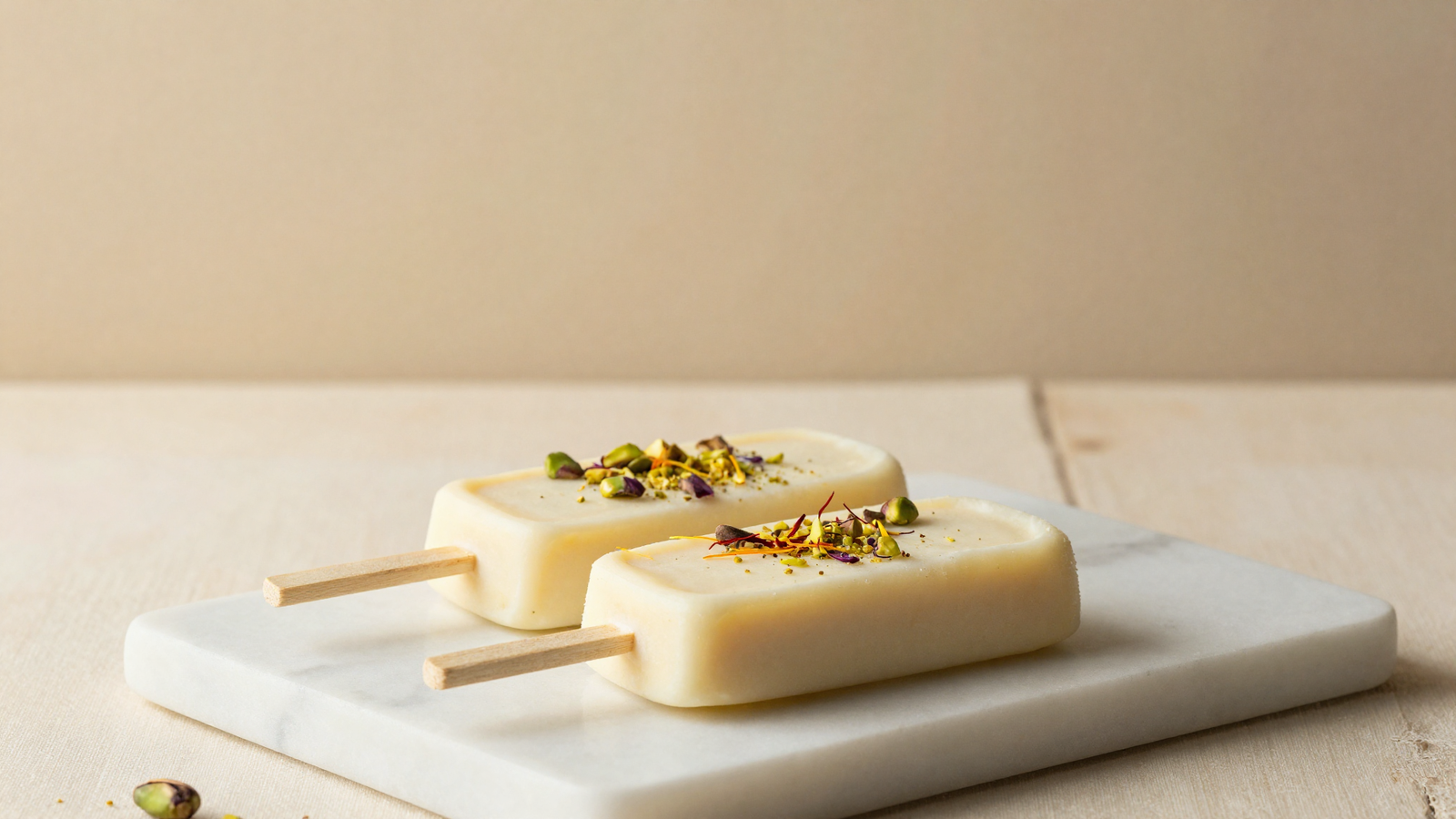 Traditional indian kulfi on sticks garnished with pistachio and saffron on marble