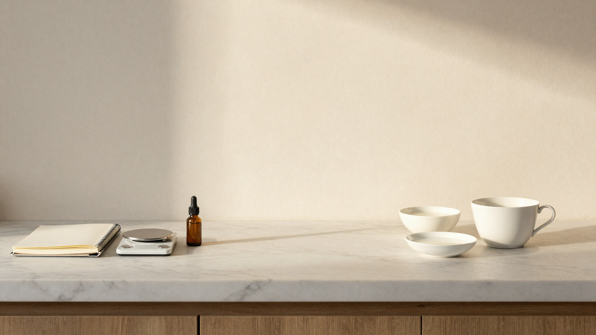 A marble counter with a notebook, precision scale, dropper bottle and ceramic dishes of milk