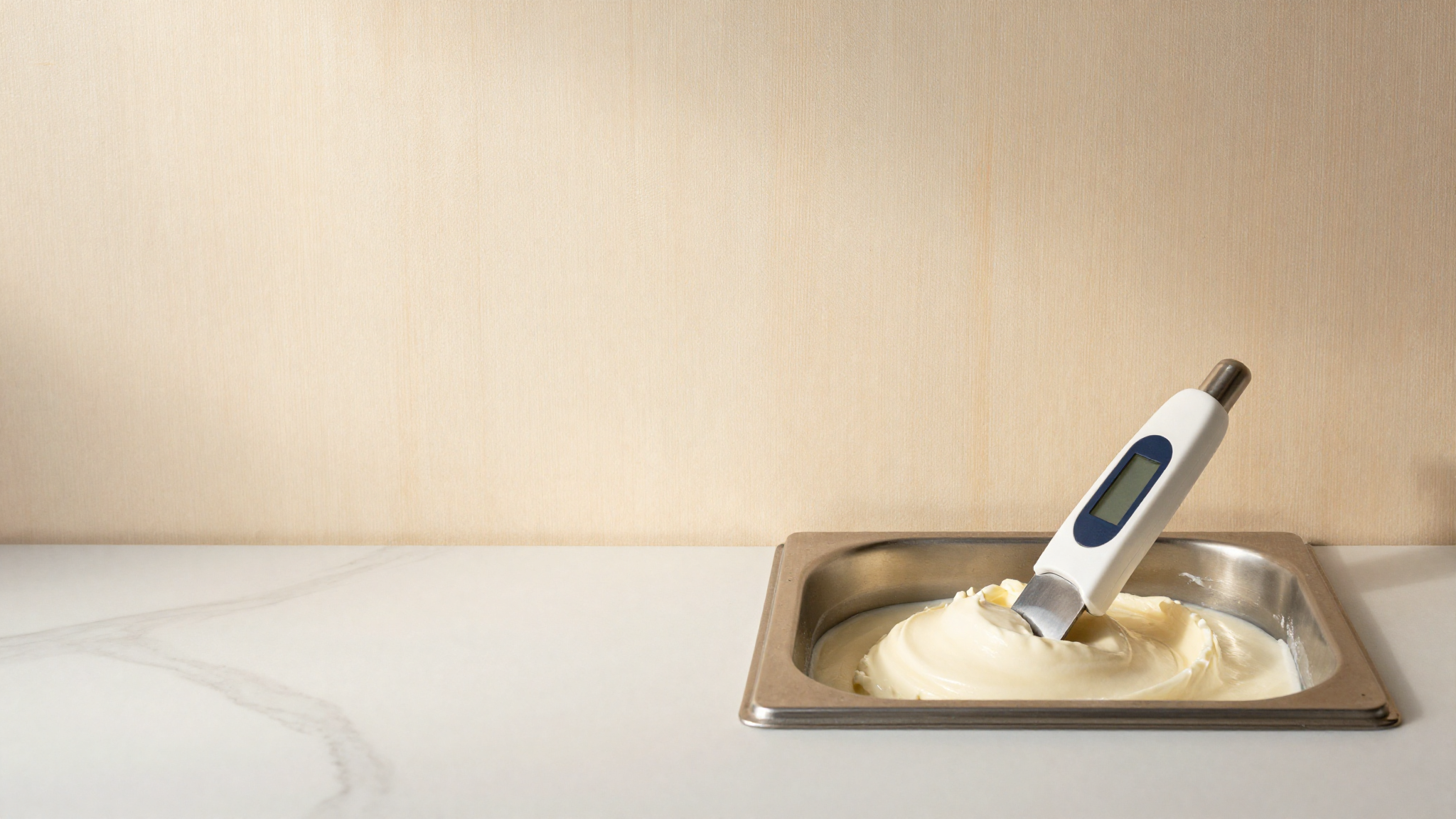 A digital probe thermometer resting in a stainless steel vat of white gelato base