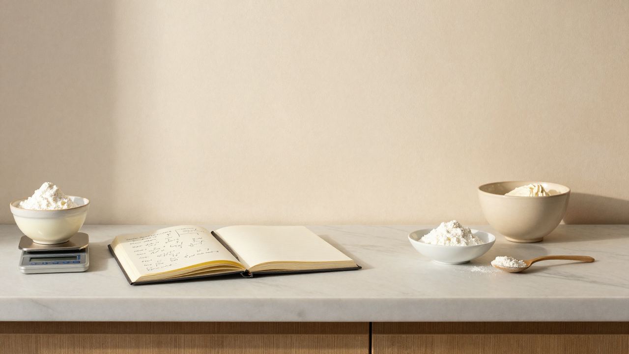 Top-down marble counter with notebook, scale and dairy dishes for lactose-free gelato formulation