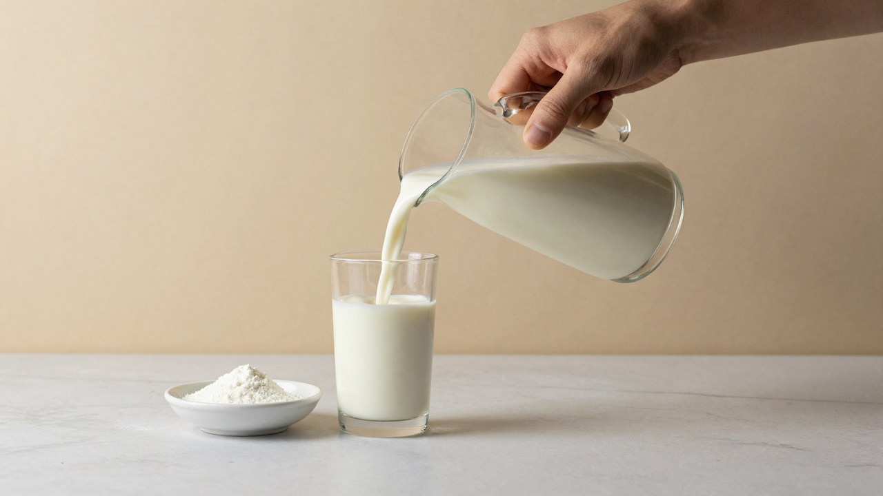 Fresh milk poured into a measuring jug beside a dish of enzyme powder on marble