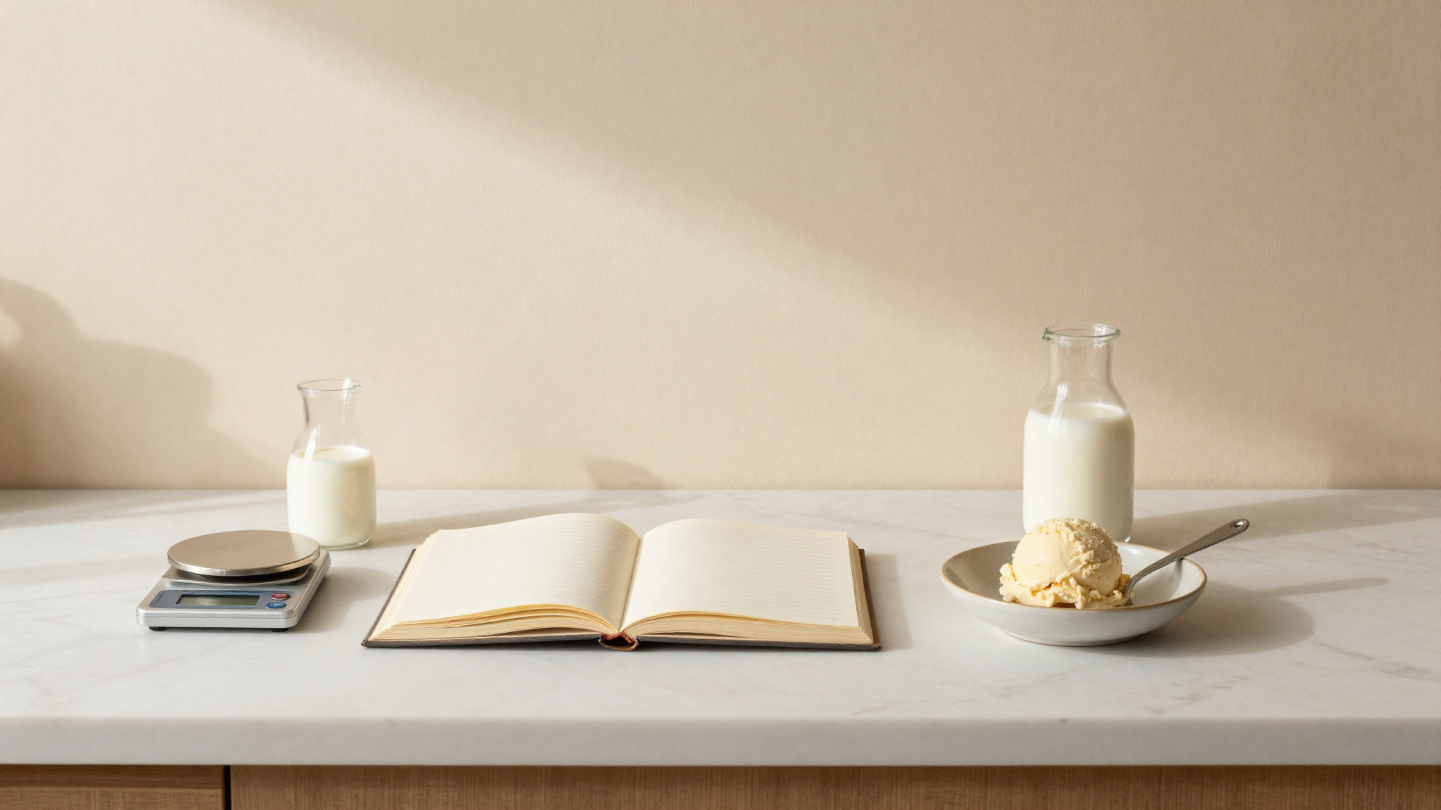 A marble counter with a notebook, a small scale, a milk jug and a scoop of gelato in a lab setting