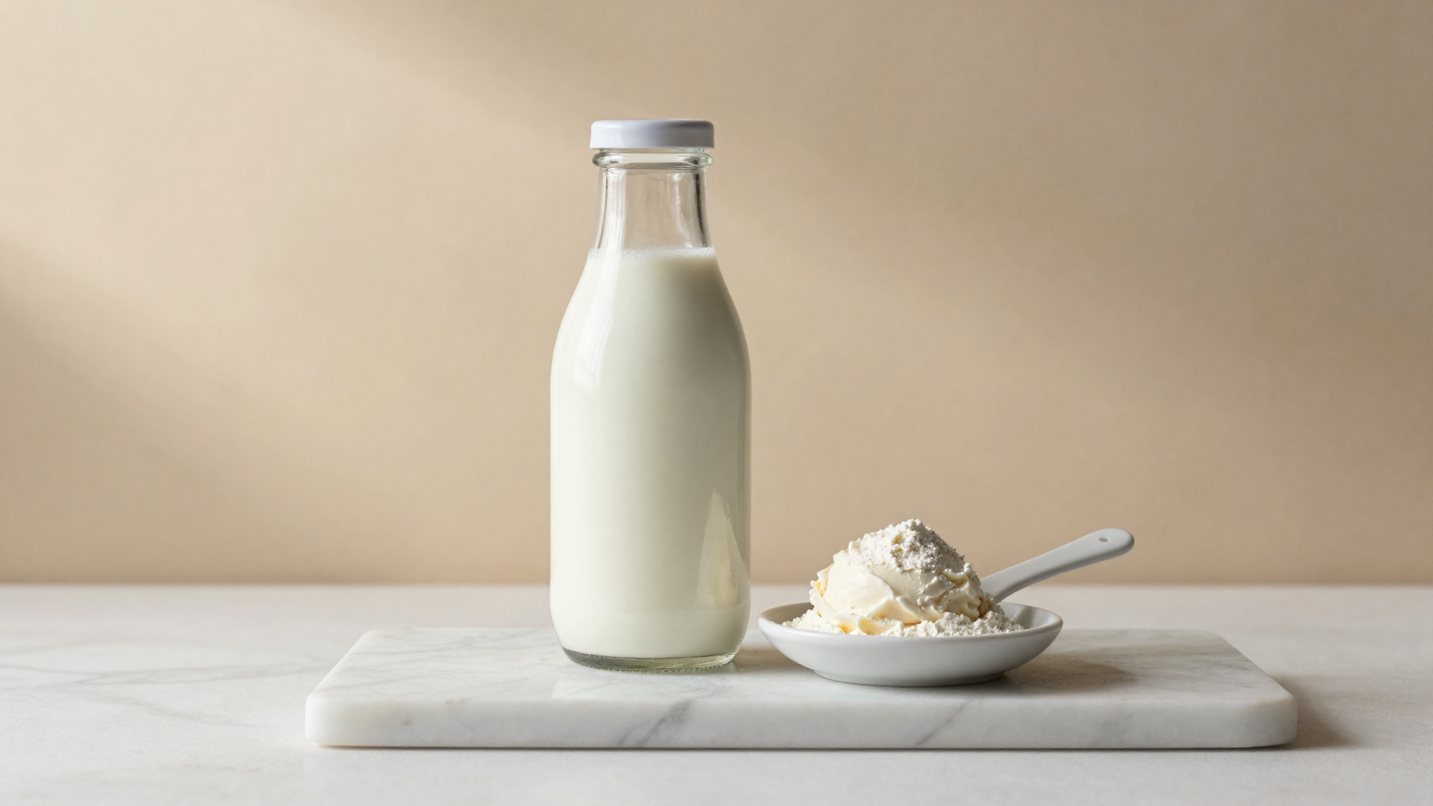 A bottle of lactose-free milk beside a dish of enzyme powder and a scoop of creamy gelato