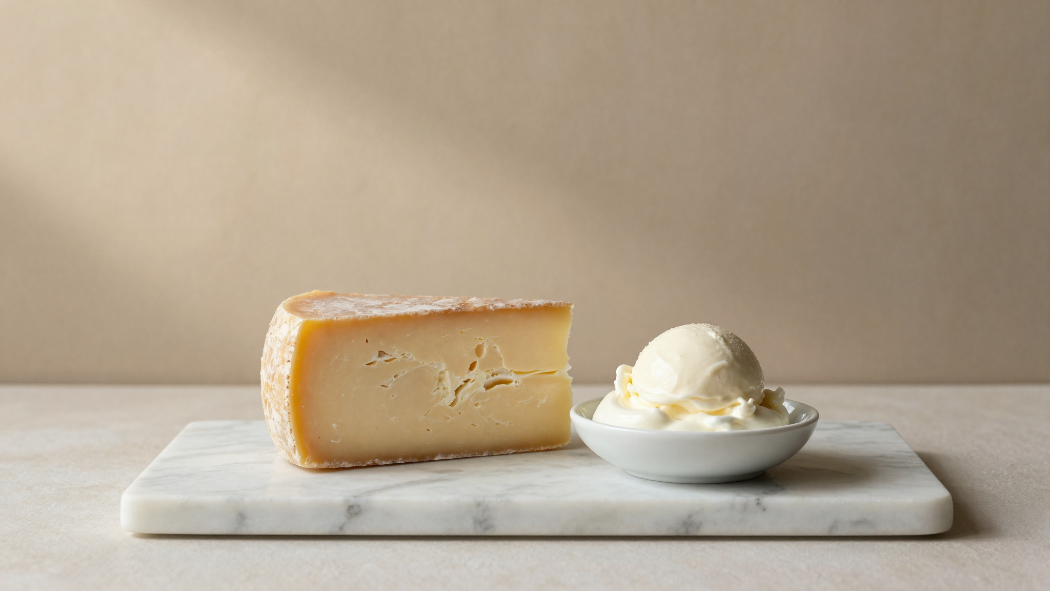 A wheel of aged cheese and a dish of yogurt beside a scoop of gelato, representing low-lactose dairy