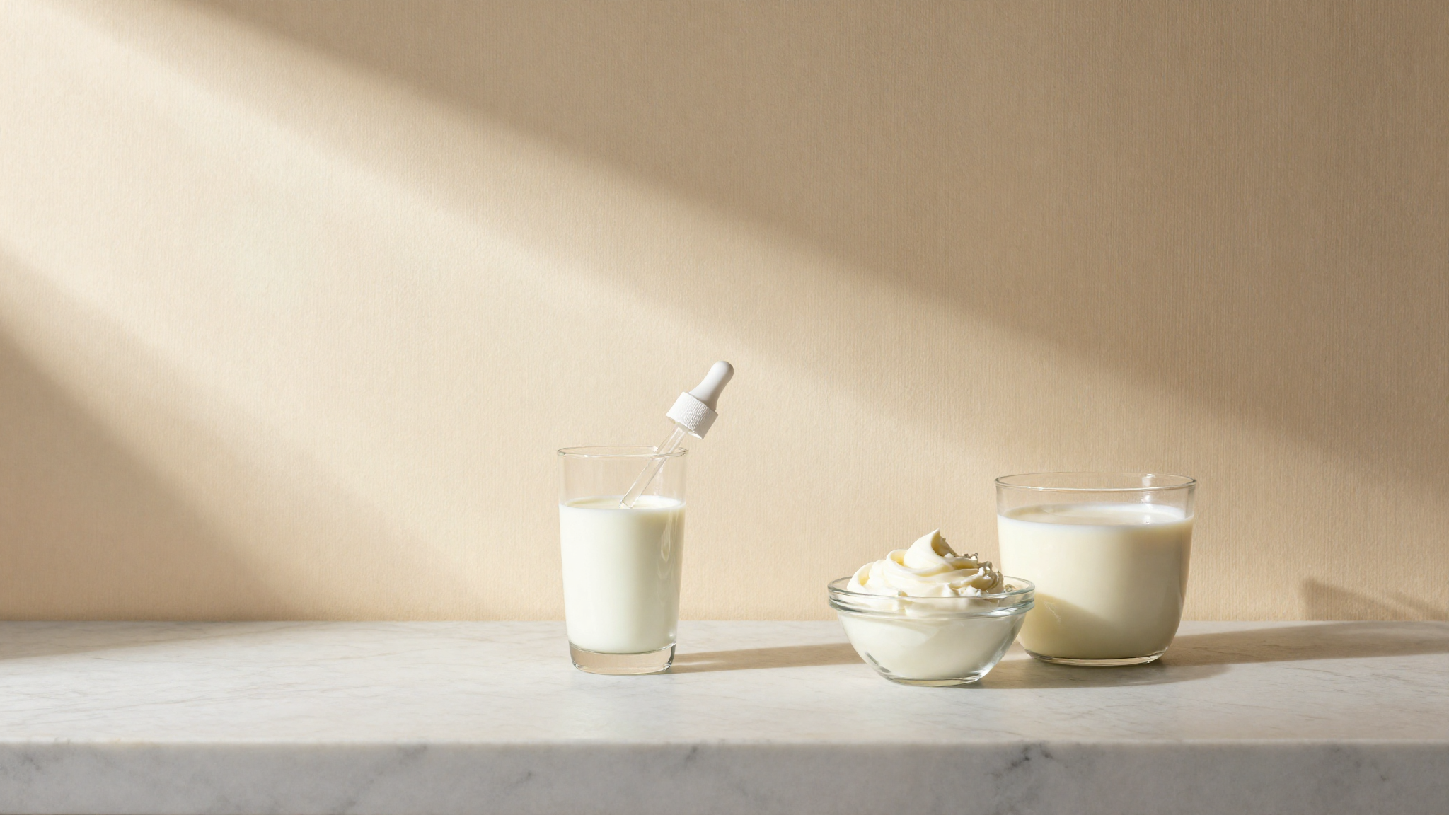 Lactose-free dairy ingredients with an enzyme dropper bottle on a marble counter