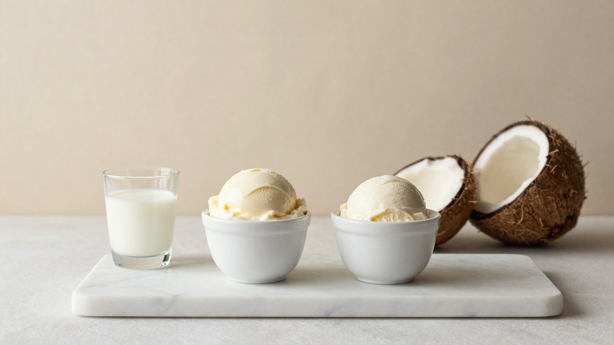 Two cups of gelato side by side on marble, one dairy and one plant-based, with milk and coconut