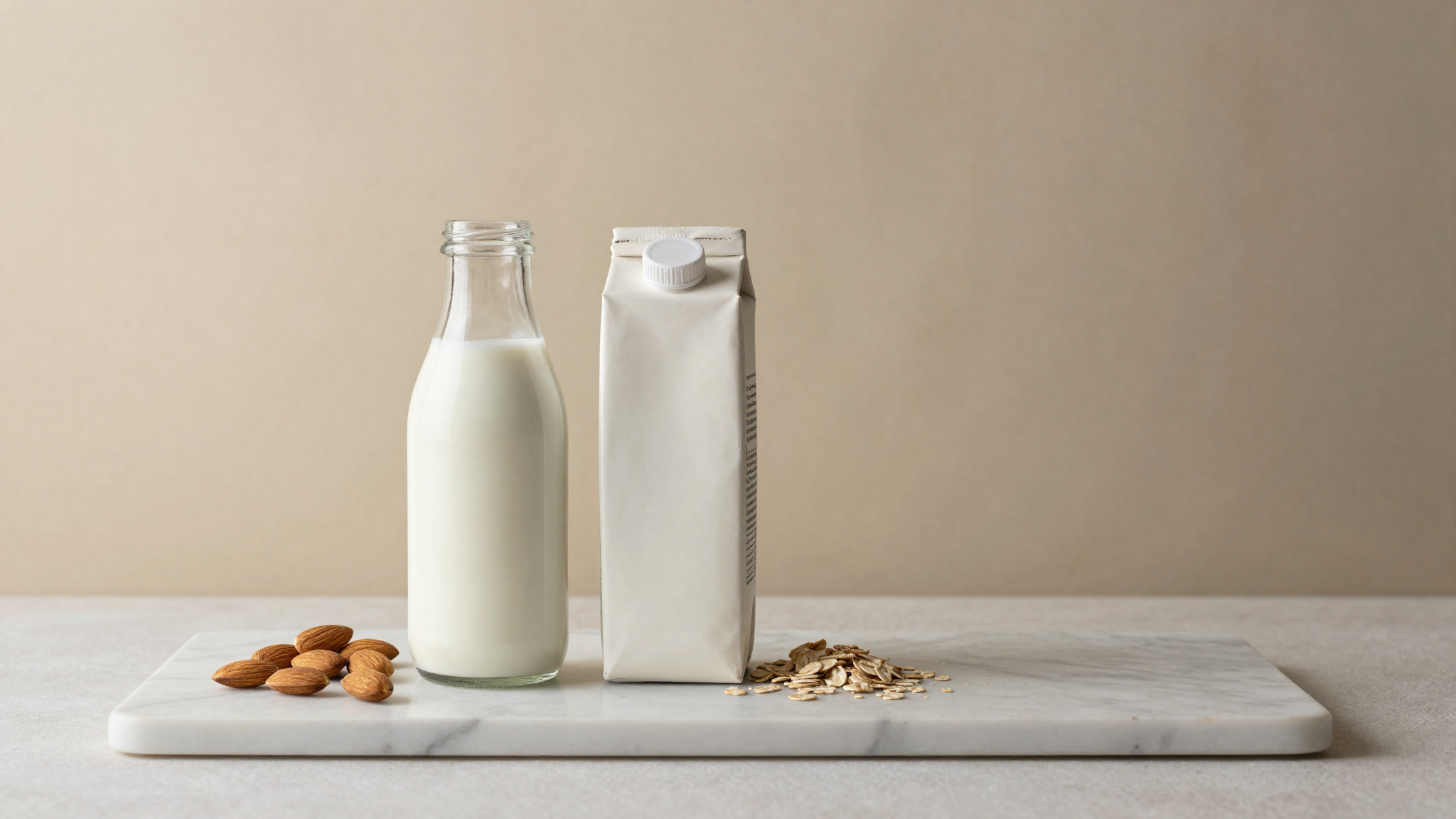 A bottle of fresh milk and a carton of plant milk side by side on marble with almonds and oats