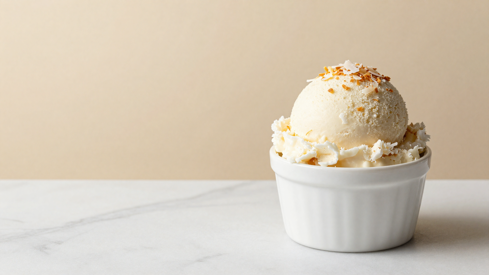 A scoop of coconut-based vegan gelato with shredded coconut garnish in a white ceramic cup