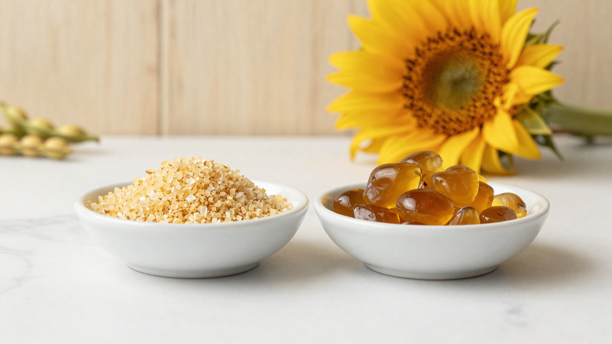 Two ceramic dishes on marble comparing pale sunflower lecithin and amber soy lecithin granules