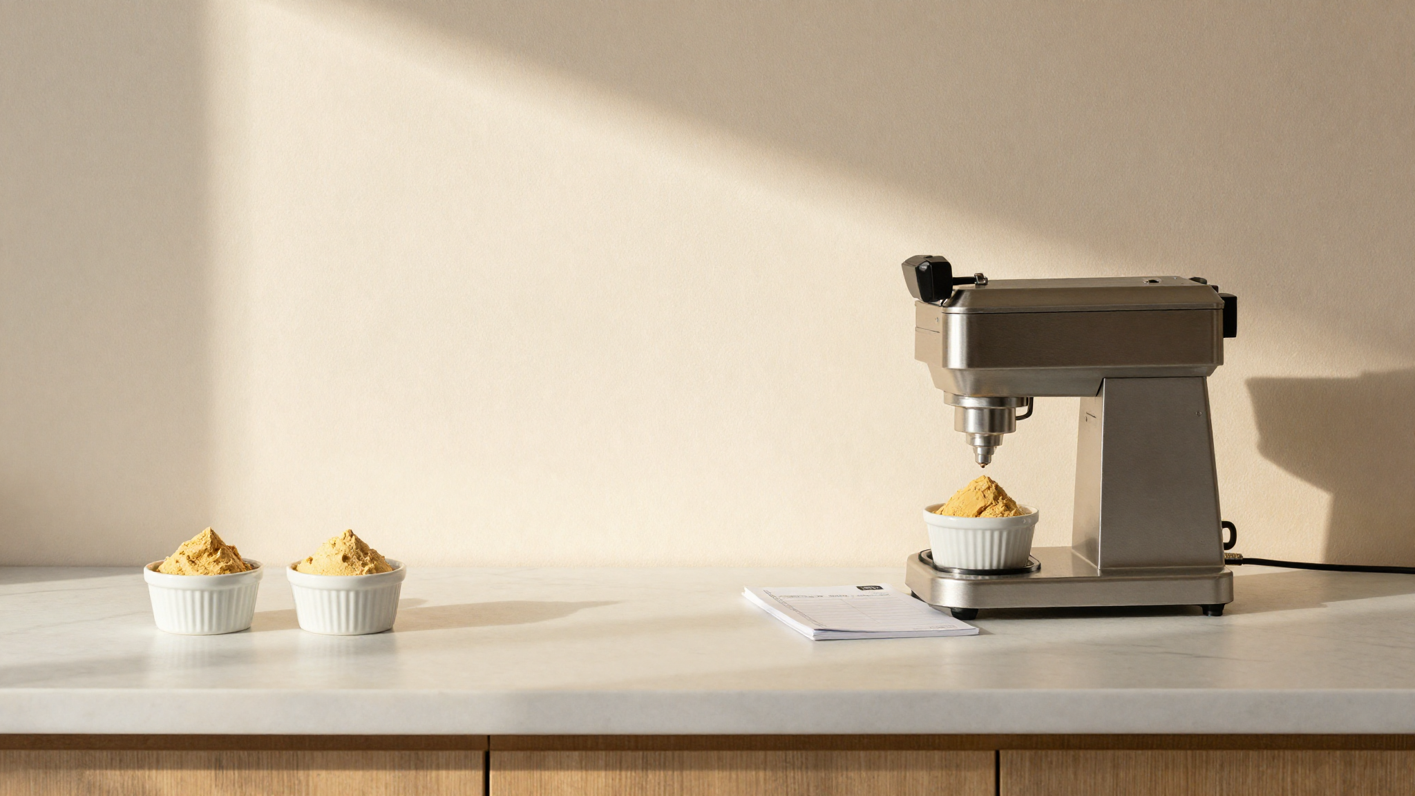 Italian gelato lab counter with two labelled ramekins of fine golden lecithin powder beside a polished stainless mantecatore