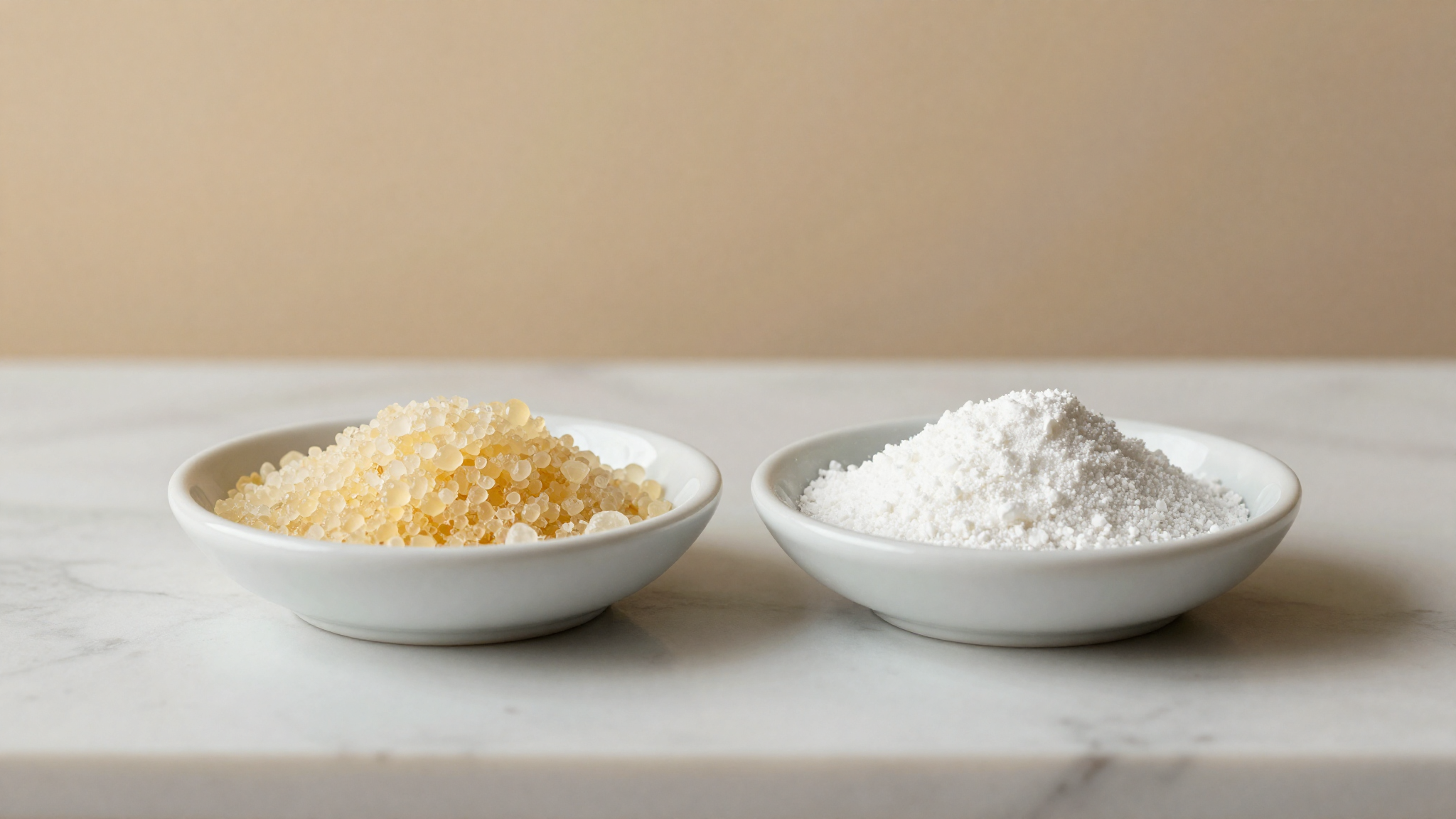 Two ceramic dishes on white marble comparing pale soy lecithin granules and white mono-diglyceride powder
