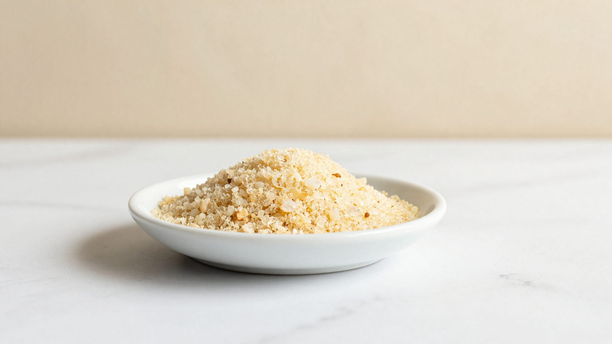 A single white ceramic dish of pale soy lecithin granules on white marble