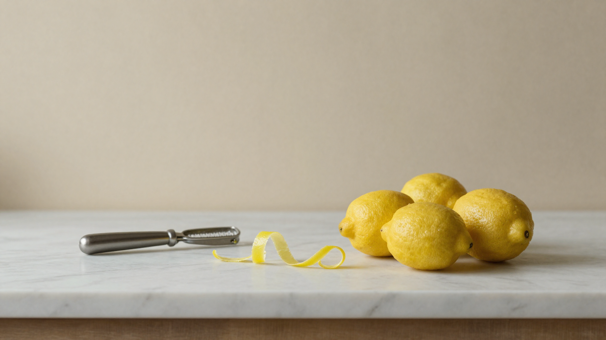Sorrento lemons on white marble with a vegetable peeler taking a single long curl of yellow zest