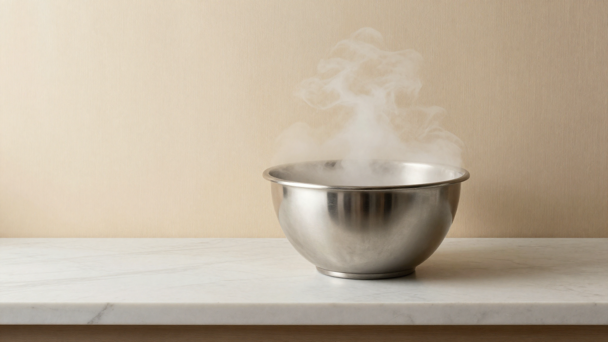 A polished stainless steel bowl in an italian gelato lab with soft white cryogenic vapor rising over the surface