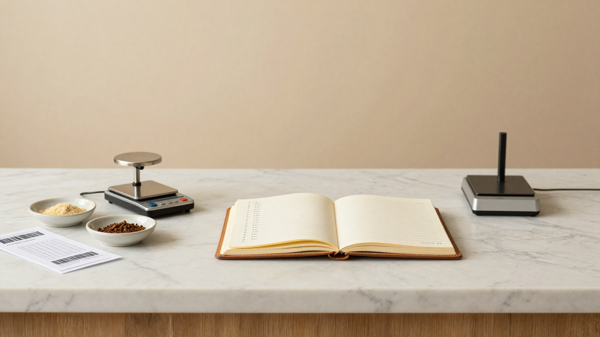 Traceability notebook with batch lot numbers, scale, and labeled ingredient dishes on marble