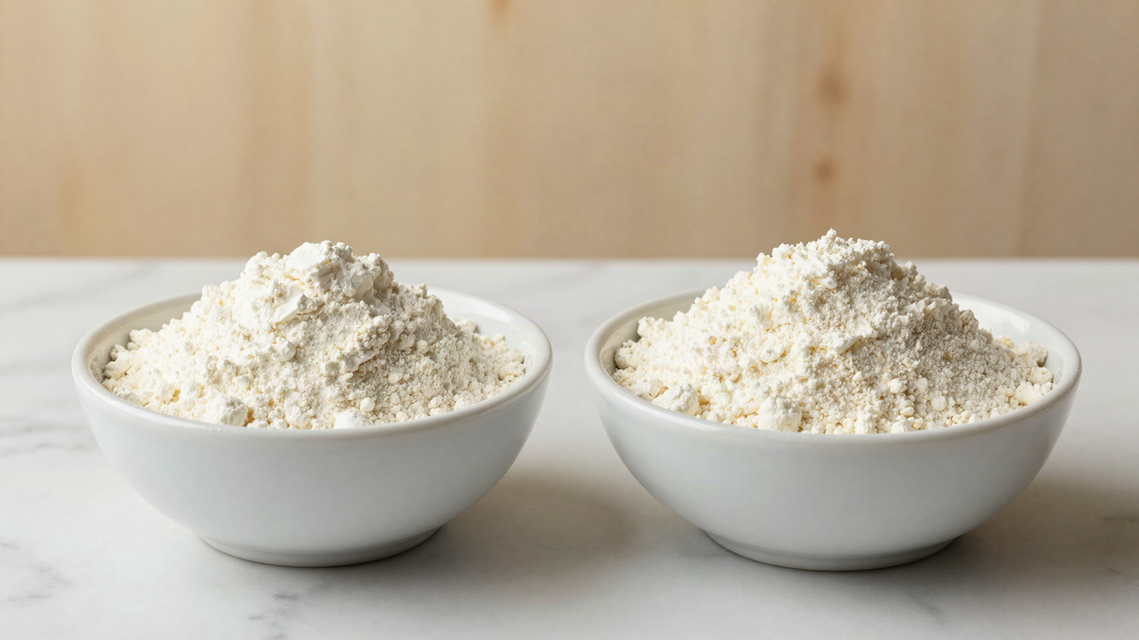 Two white ceramic bowls of fine milk powder side by side on a marble surface, one slightly paler than the other