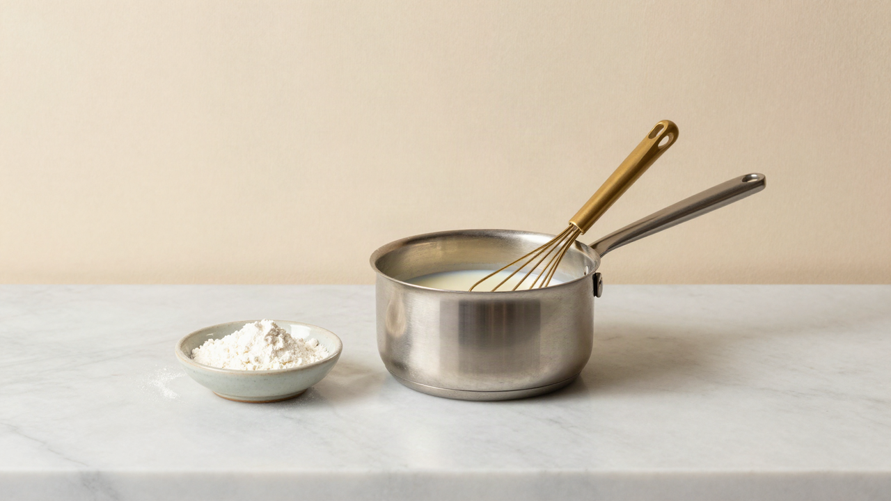 A stainless steel saucepan of warm milk base with a brass whisk beside a small dish of milk powder on marble